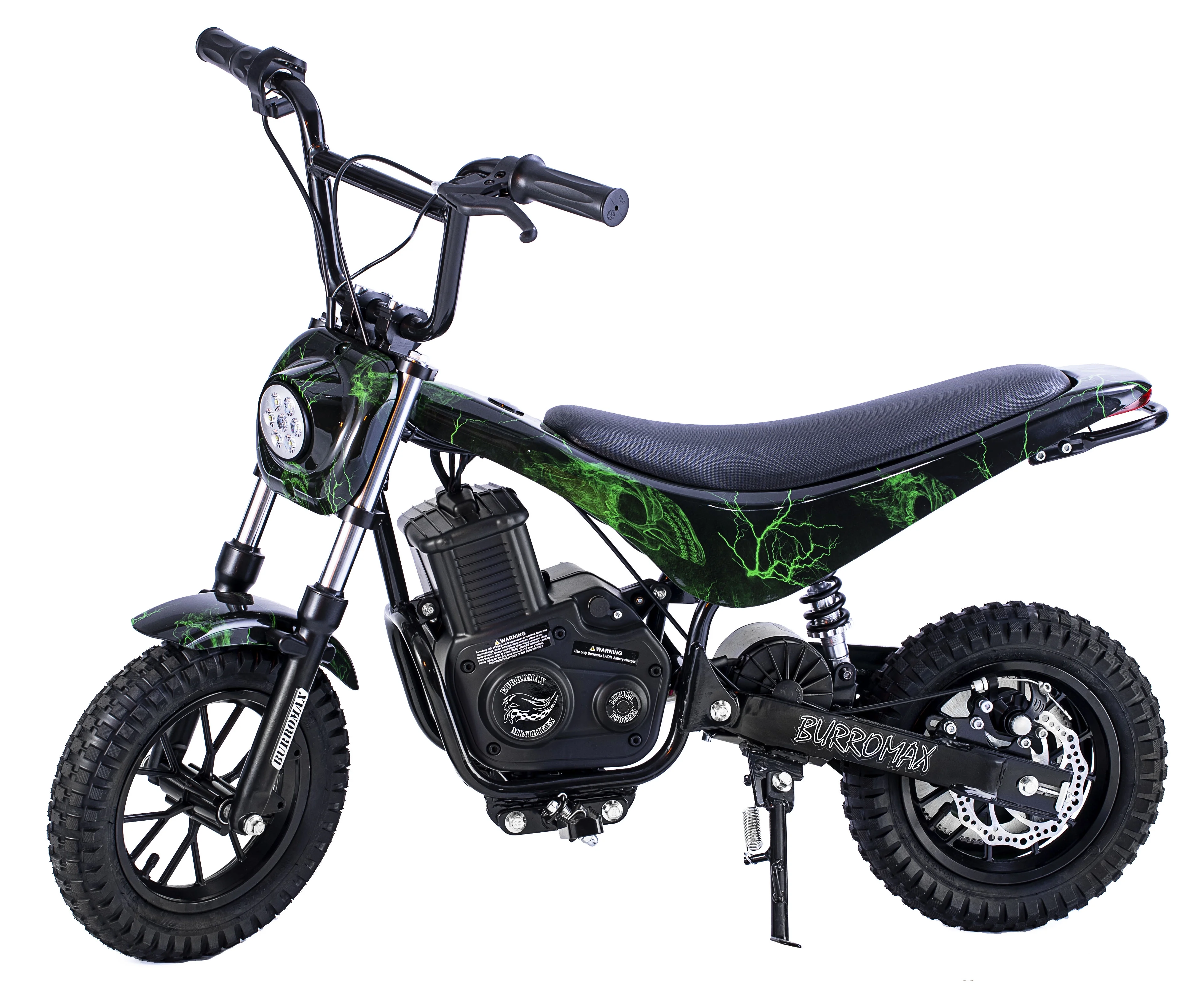 Burromax TT350R, 350w 24v Lithium Ion, 2 Speeds, 17 mph, up to 180lb Rider, Electric Mini Bike (Green Skull)
