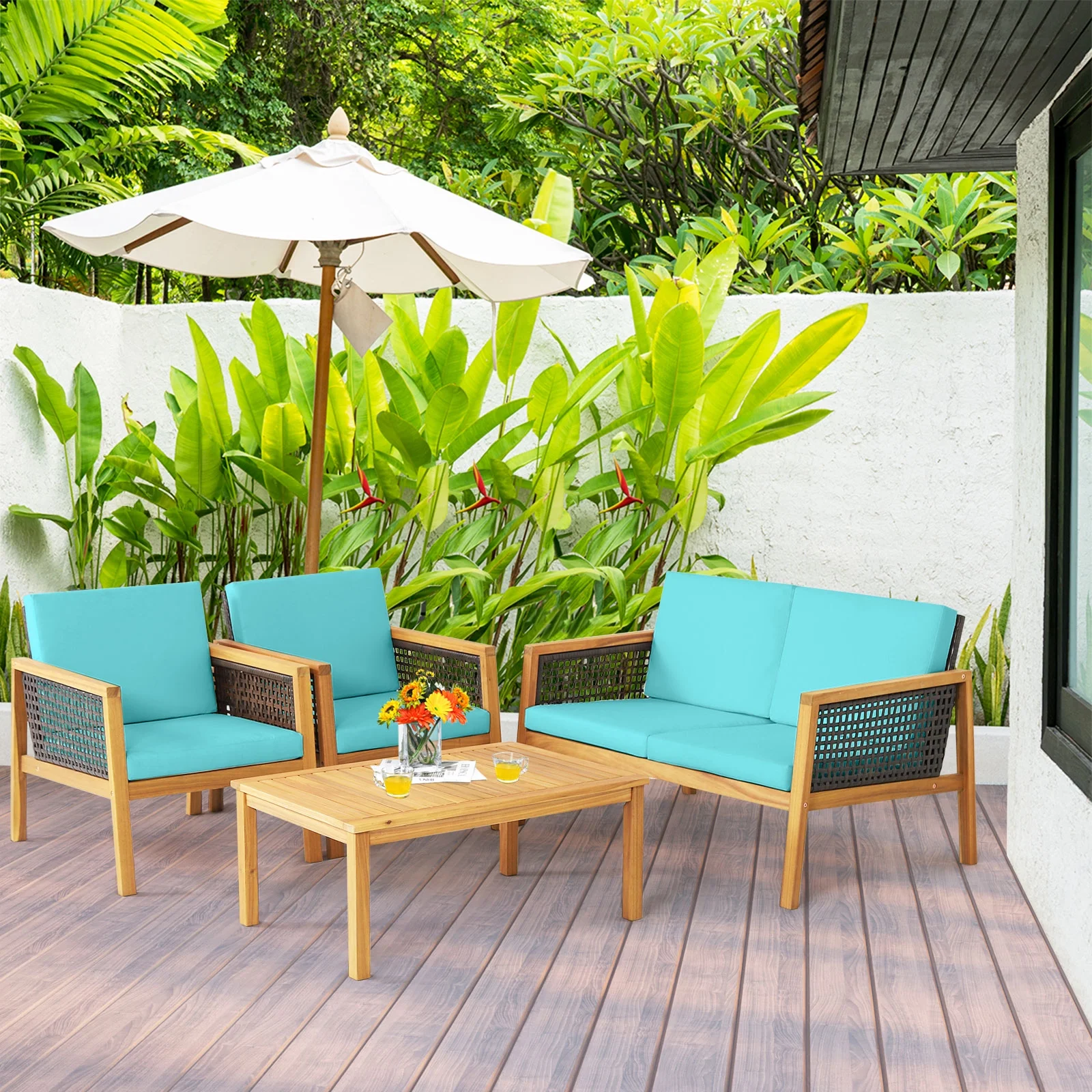 Patiojoy 4-Piece Patio Acacia Wood Furniture Set Outdoor PE Rattan Conversation Set with Removable Cushions Turquoise