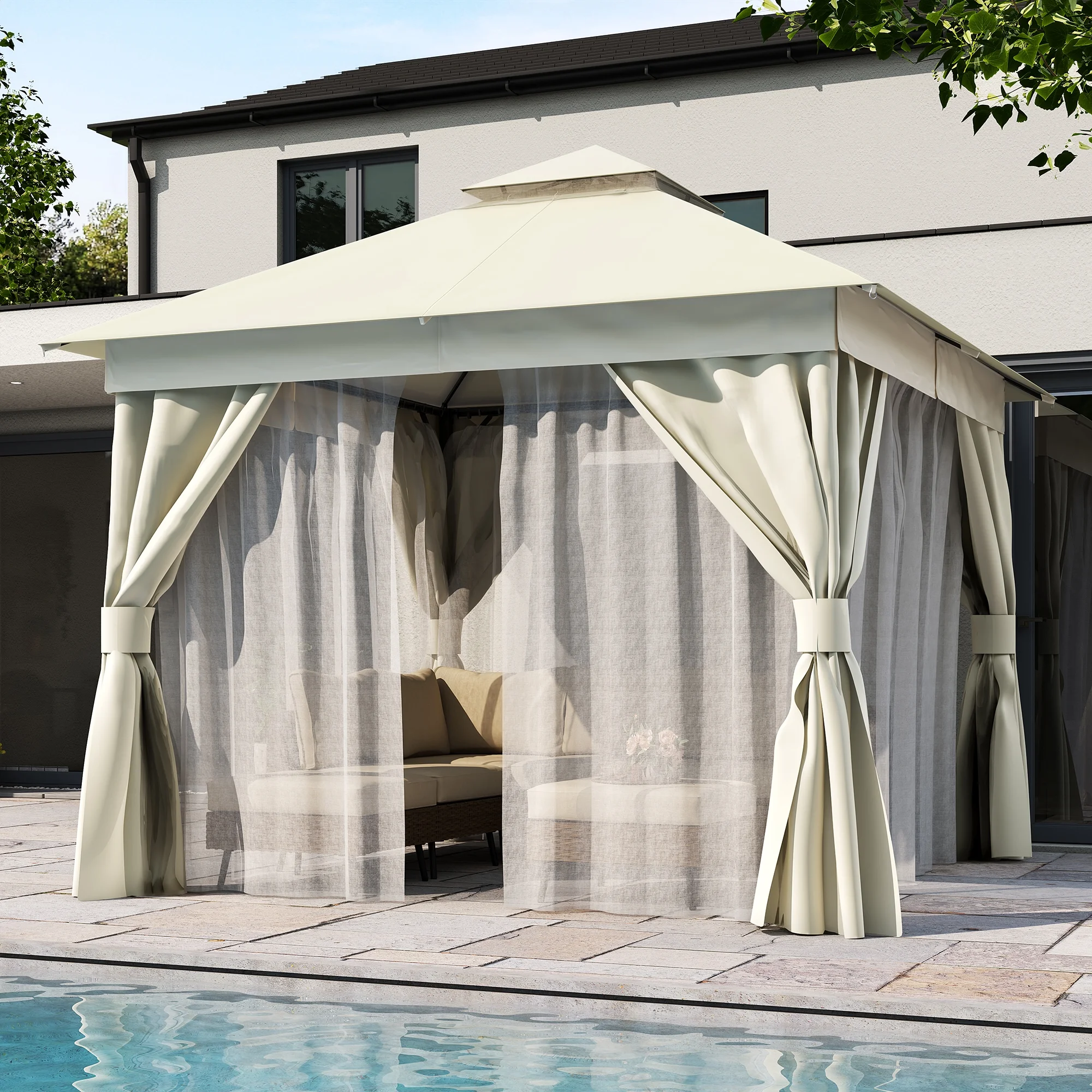 LAUSAINT HOME 10'x10' Patio Gazebo, Double Roof Outdoor Shelter Tent with Mosquito Nettings and Privacy Screens, Cream White