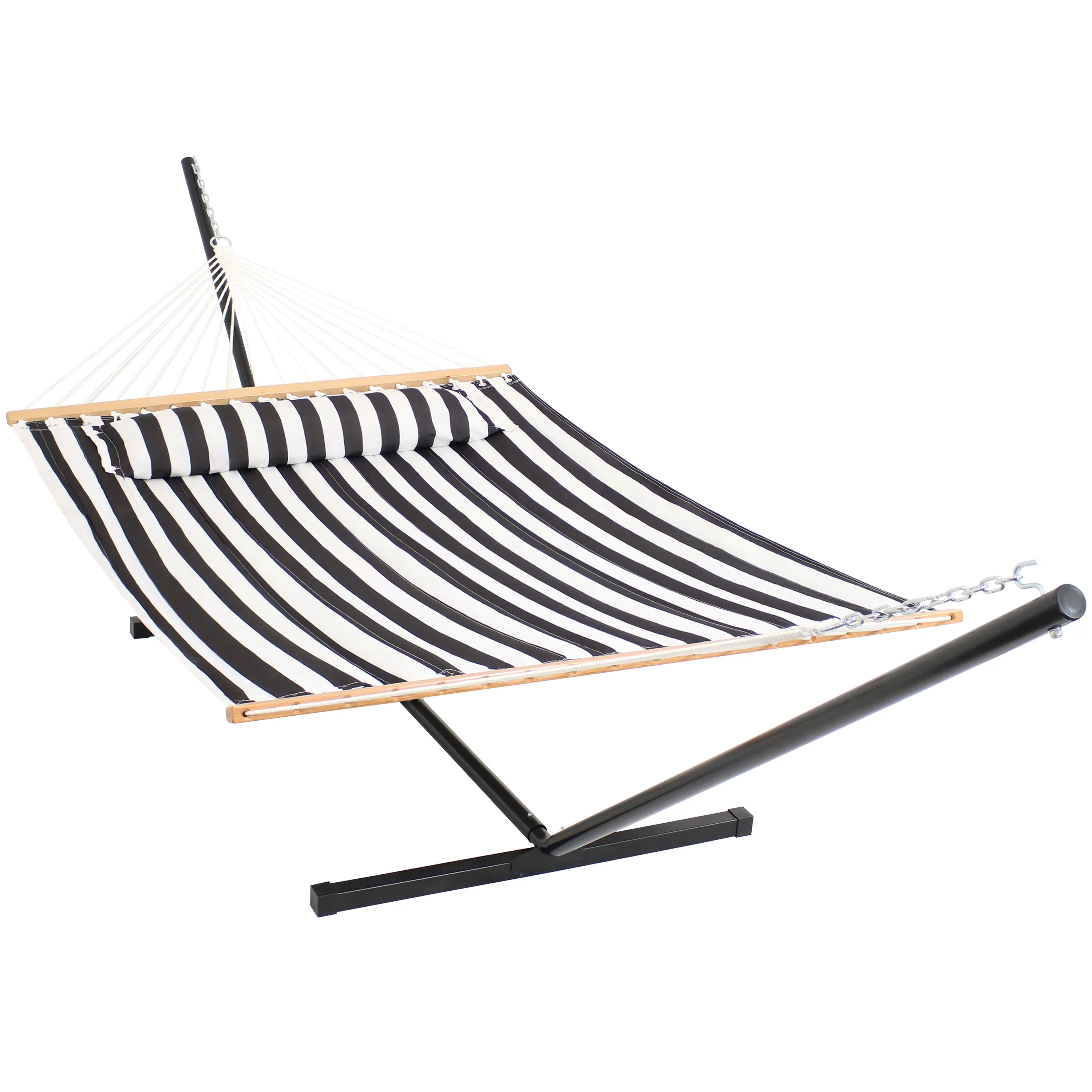 Sunnydaze 2-Person Freestanding Quilted Fabric Hammock with 12' Stand - Black and White Stripe
