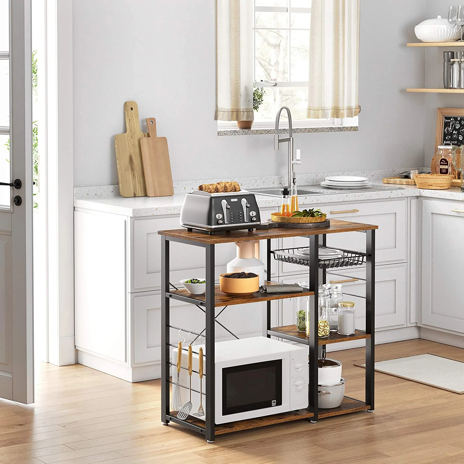 Baker's Rack, Coffee Bar Stand with Charging Station, Storage Shelves, Pull-Out Wire Basket, Table for Microwave, Kitchen, Rustic Brown