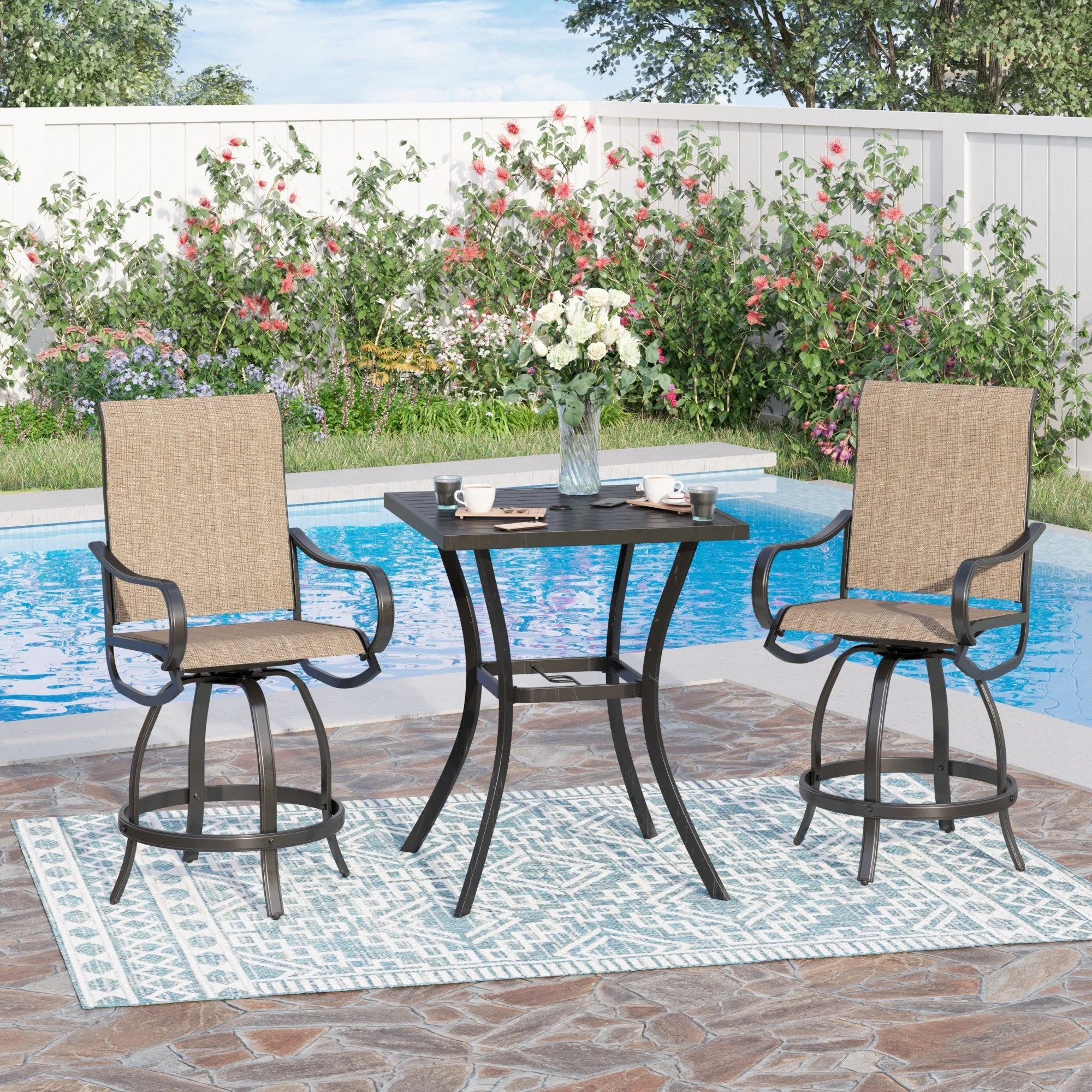 Sophia & William 3 Pieces Patio Outdoor Metal Bar Stools and Table Set Textilene Furniture Bistro Set