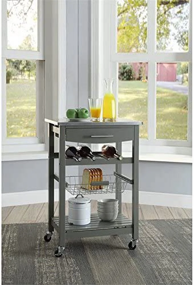 Stainless Steel Top Pine Wood Rolling Kitchen Island Microwave Cart with Storage in Gray
