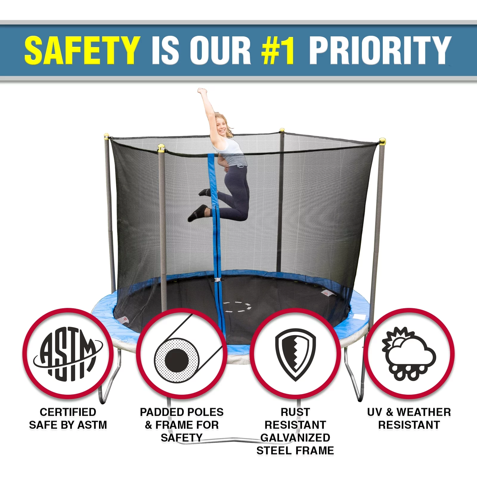 TruJump 10' Round Trampoline with Classic Steel Enclosure Combo & Jump Mat with Lifetime Warranty