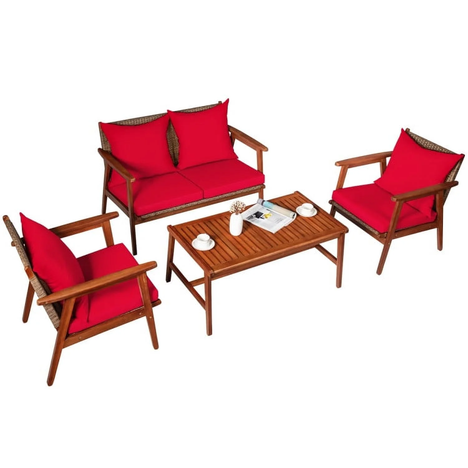 YYAo Garden Conversation Table Set, Conversation Loveseat Chairs Set, 4 Piece Acacia Wood Patio Rattan Furniture Set-Red