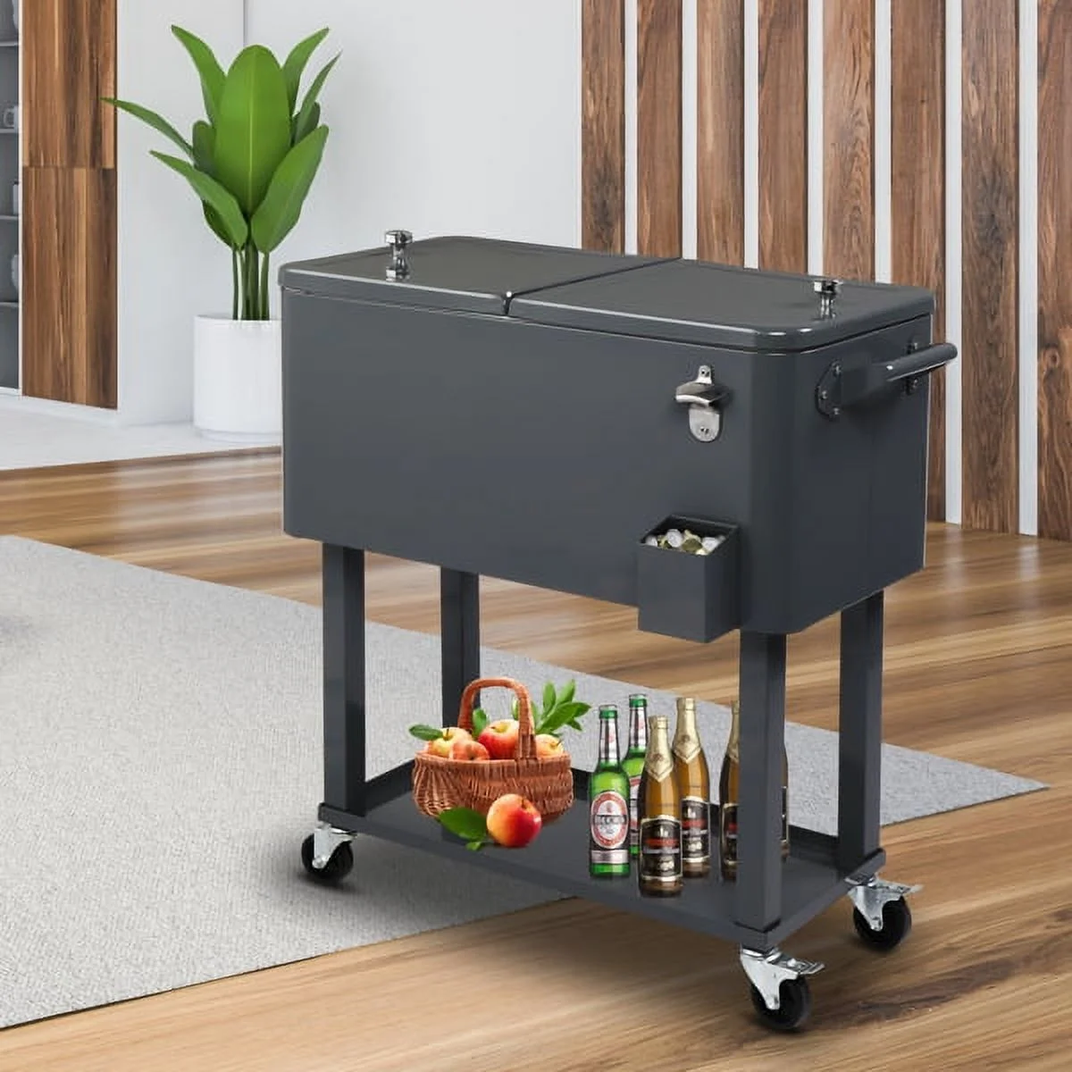 SYTHERS 80 Quart Rolling Ice Chest Cooler Cart,Patio Backyard Party Drink Beverage Bar Stand Up Cooler Trolley, Dark Grey