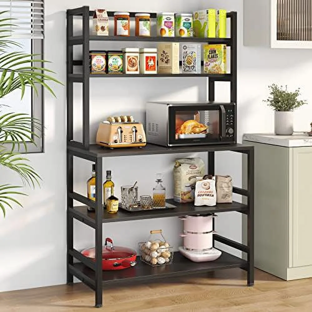 WTYNKAE 5-Tier Kitchen Bakers Rack with Hutch Industrial Microwave Oven Stand Free Standing Kitchen Utility Cart Organizer(Black)