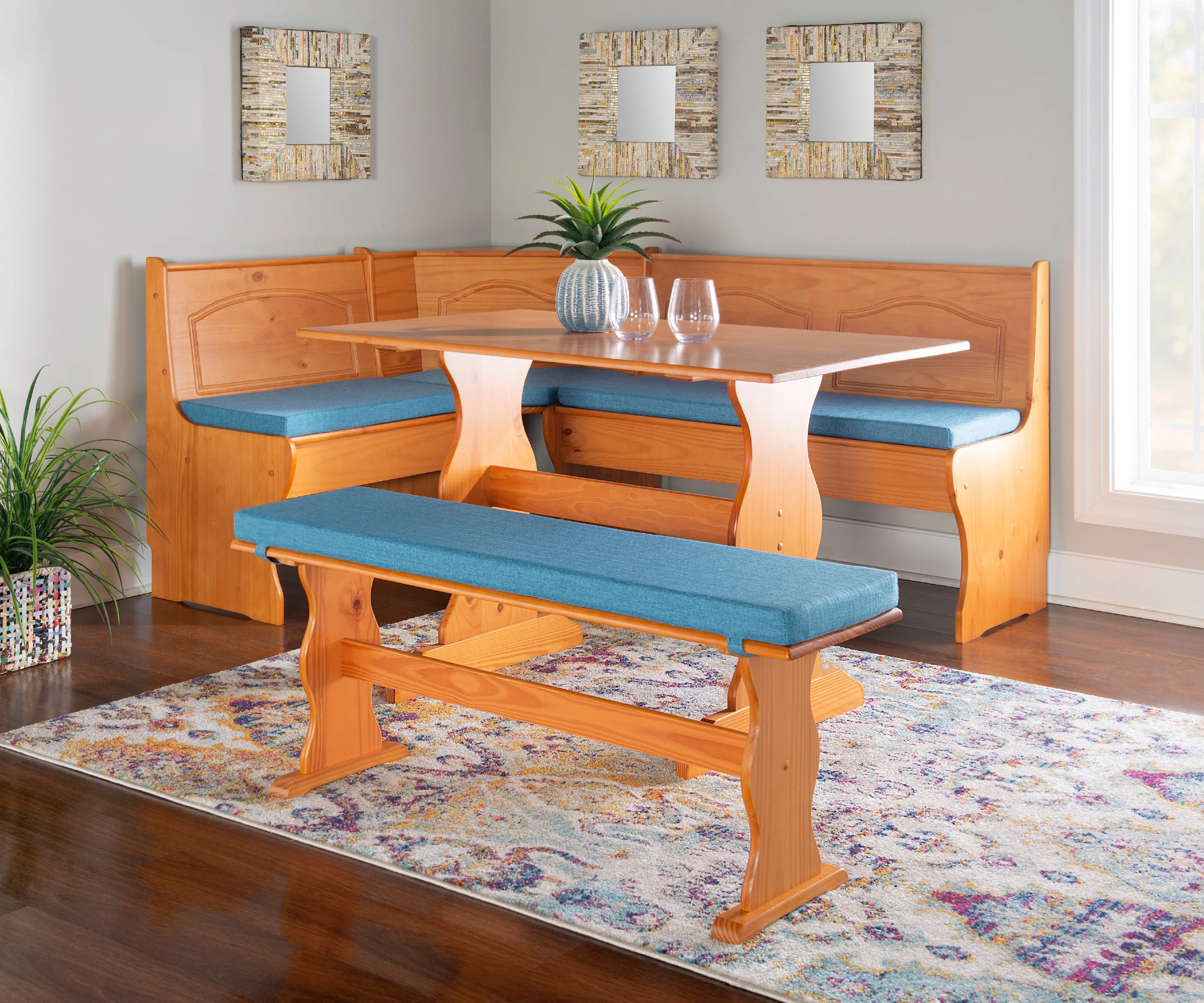 Linon Varden Corner Dining Nook, Bench and Table with 5-Piece Cushion Set, Natural Honey/Blue