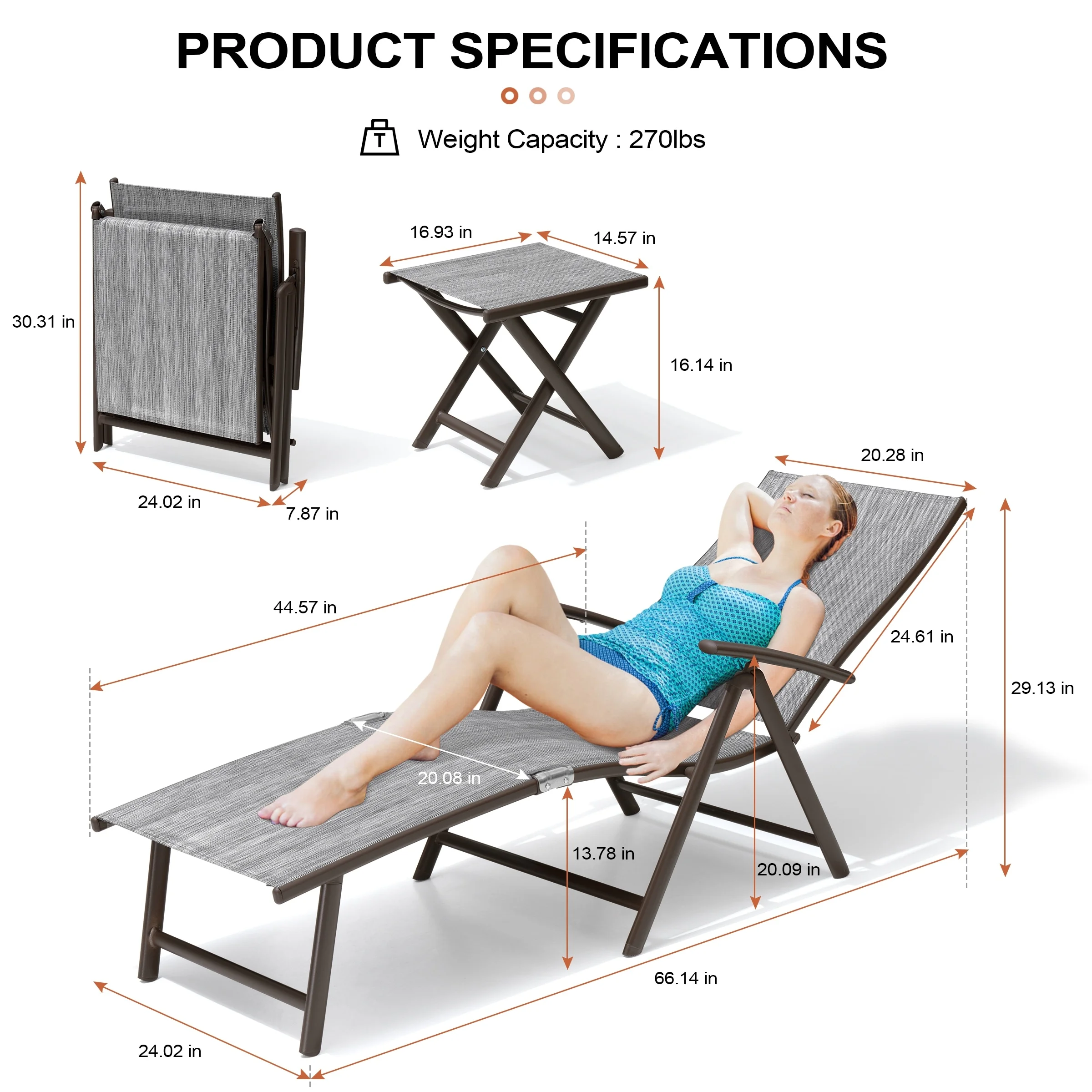 Crestlive Products Outdoor Aluminum Adjustable Folding Chaise Lounge Chairs and Foldable Side Table Fabric in Black&Gray Mixed