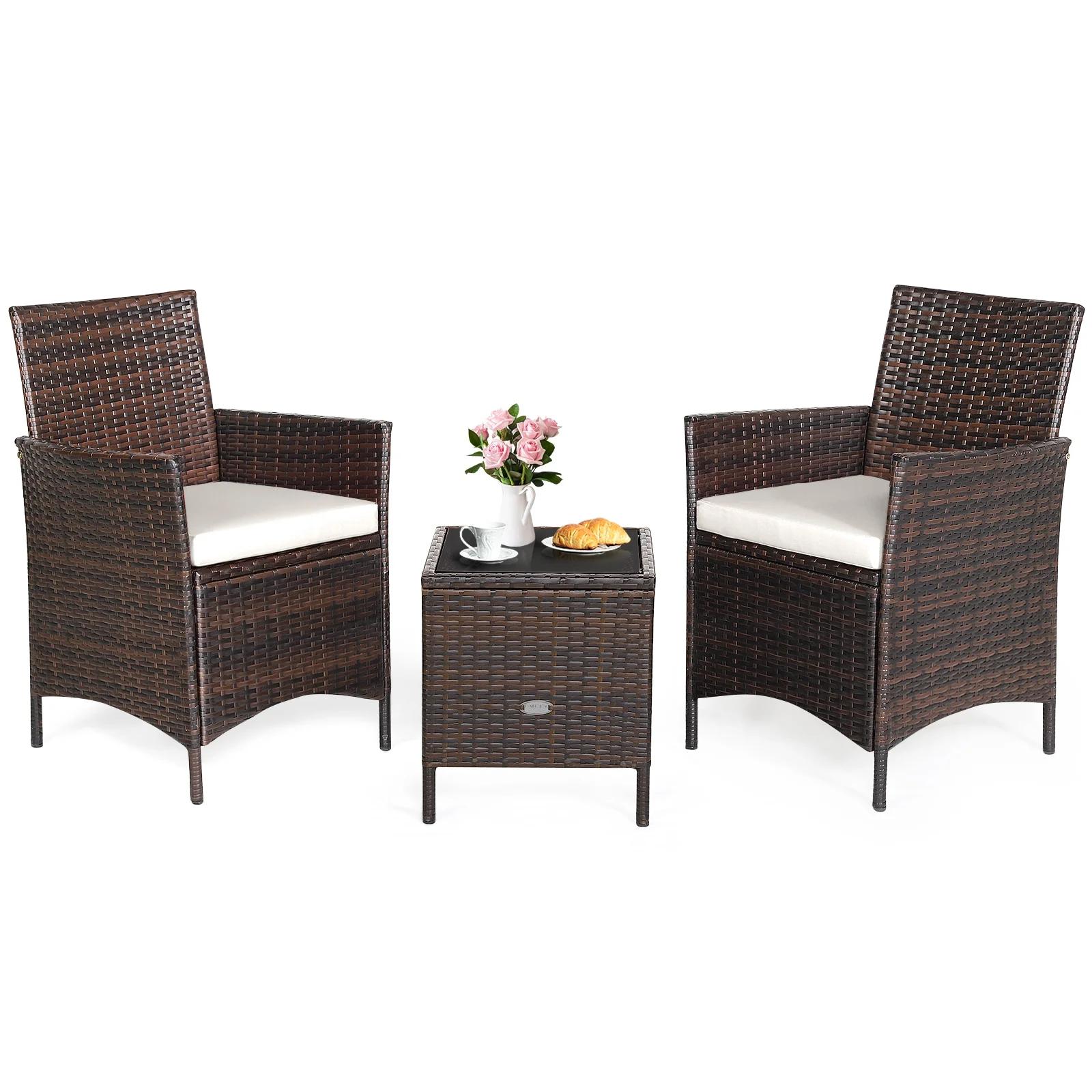 Patiojoy 3 Pieces Patio Rattan Conversation Furniture Wicker Chairs with Coffee Table & Cushions White