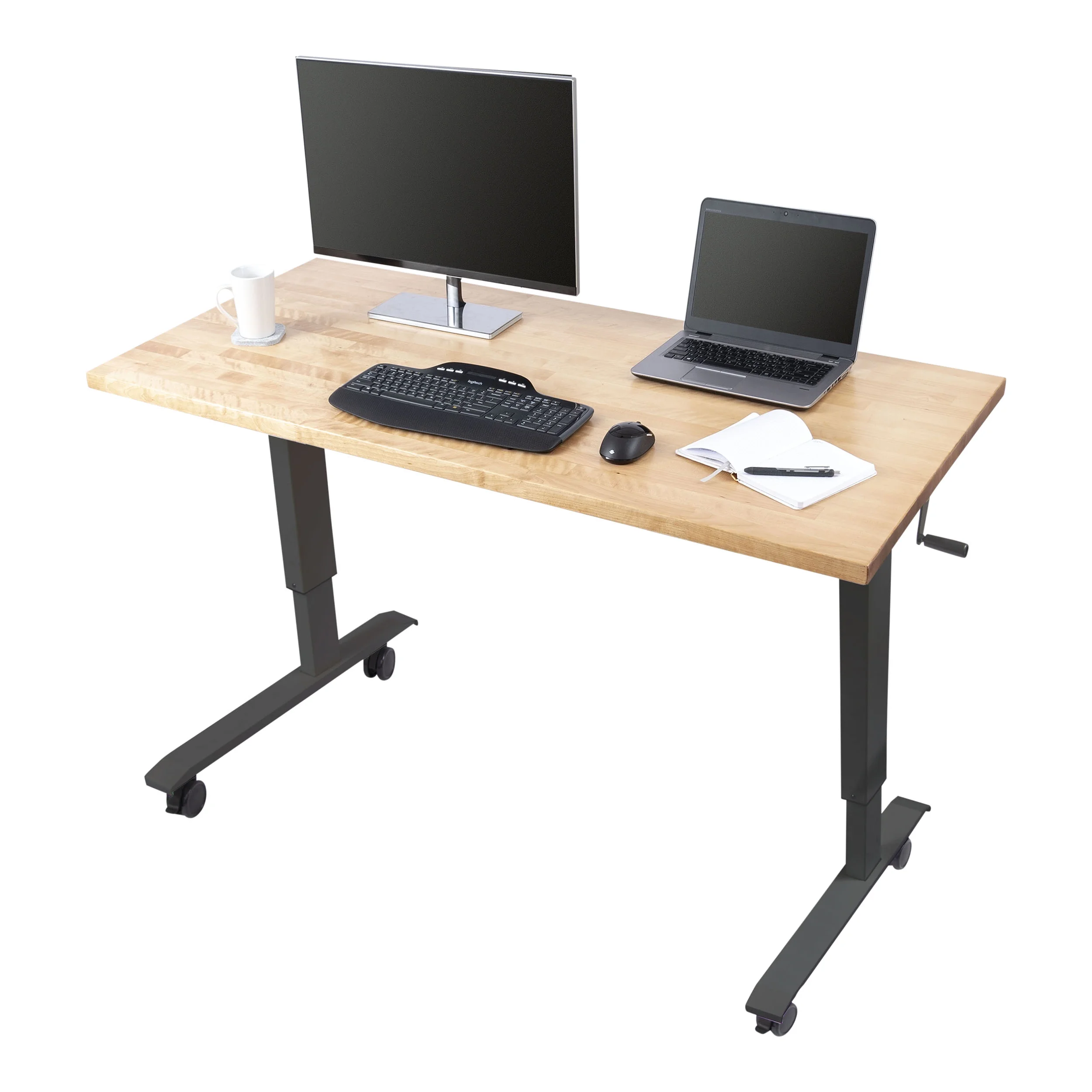 Stand Up Desk Store Crank Adjustable Height Rolling Solid Wood Top Standing Desk (Charcoal Frame/Natural Birch Top, 60