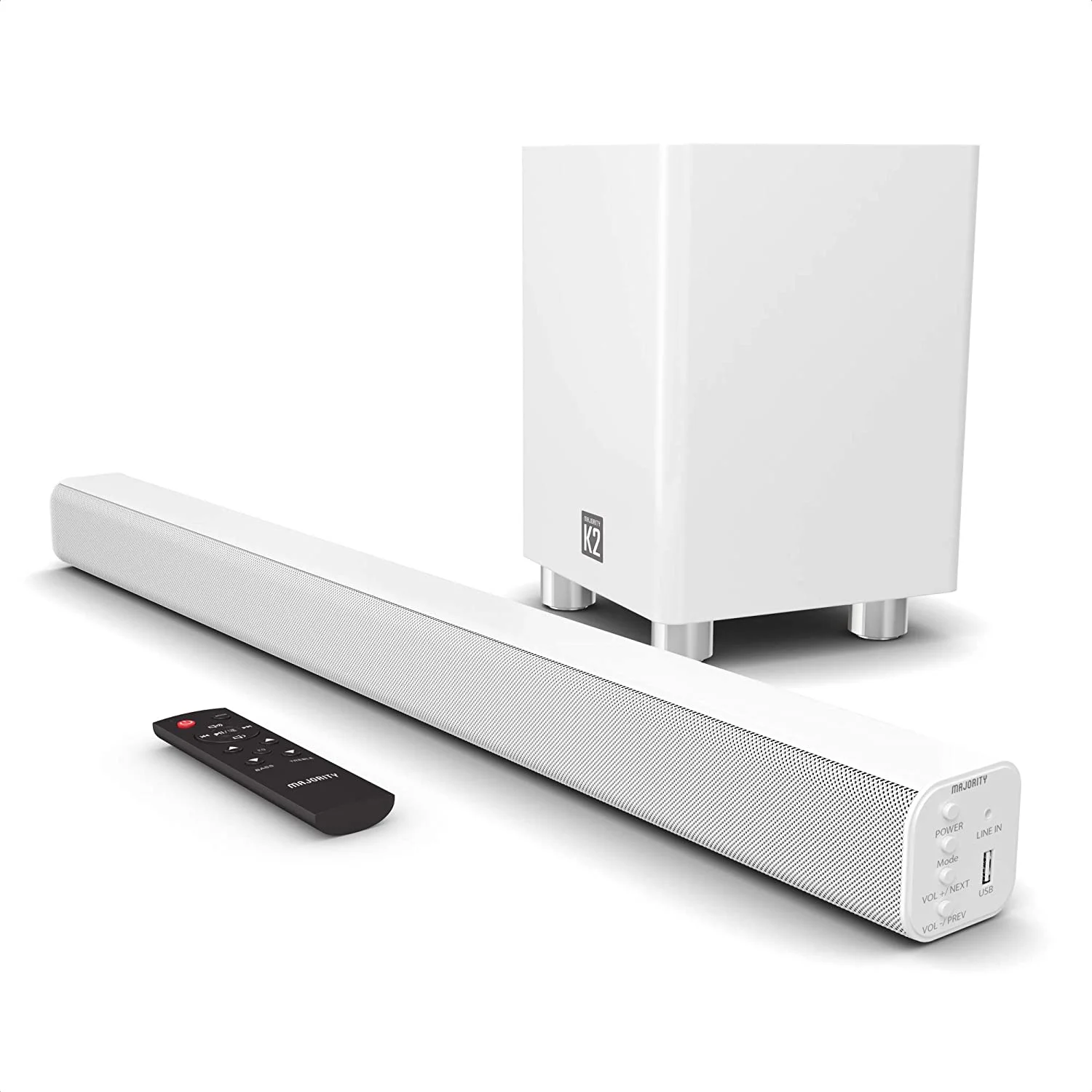 Majority K2 Sound Bar with Subwoofer 150W Powerful Stereo 2.1 TV Home Theatre 3D Surround Sound HDMI ARC Bluetooth White