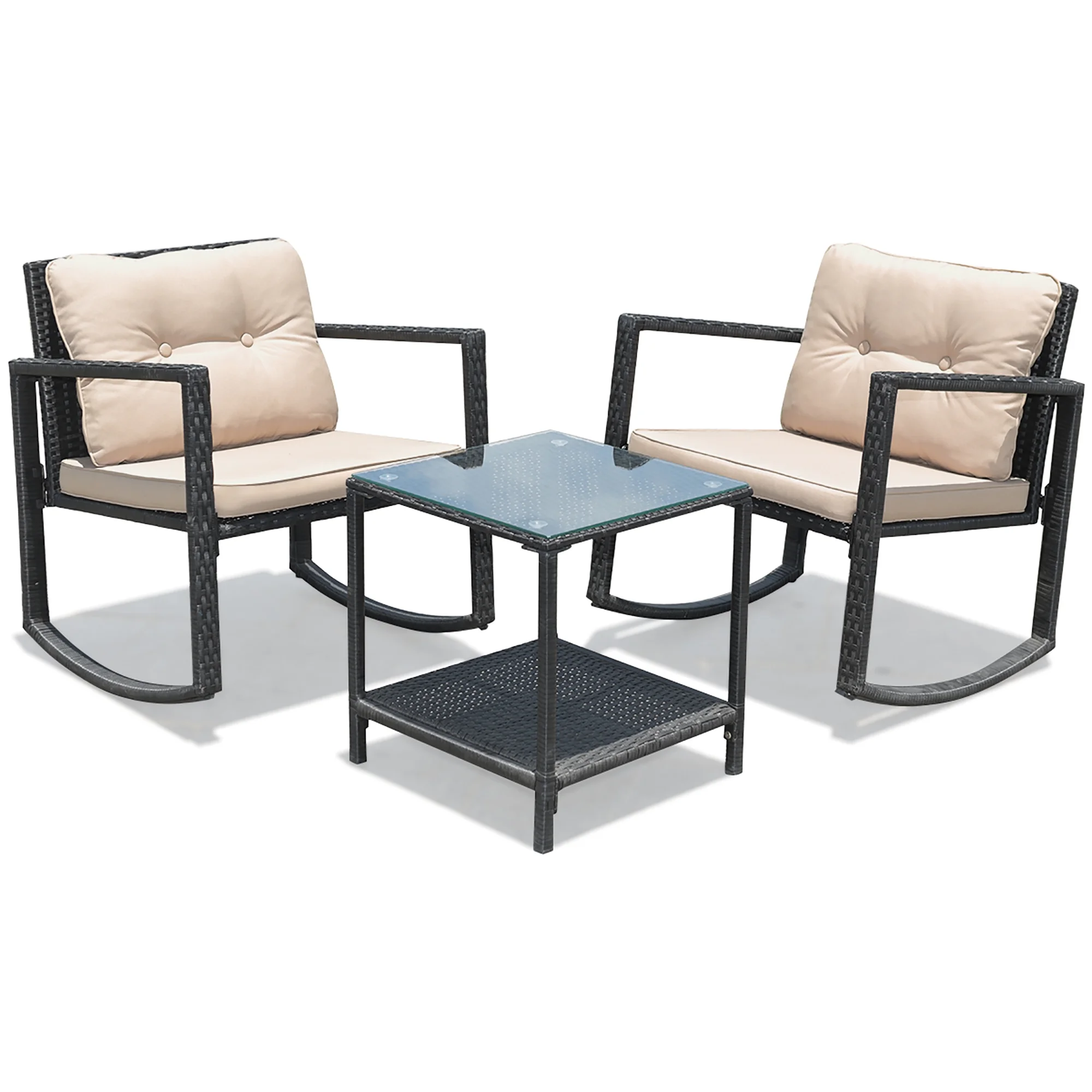 Costway 3PC Patio Rattan Conversation Set Rocking Chair Cushioned Sofa Outdoor Furniture