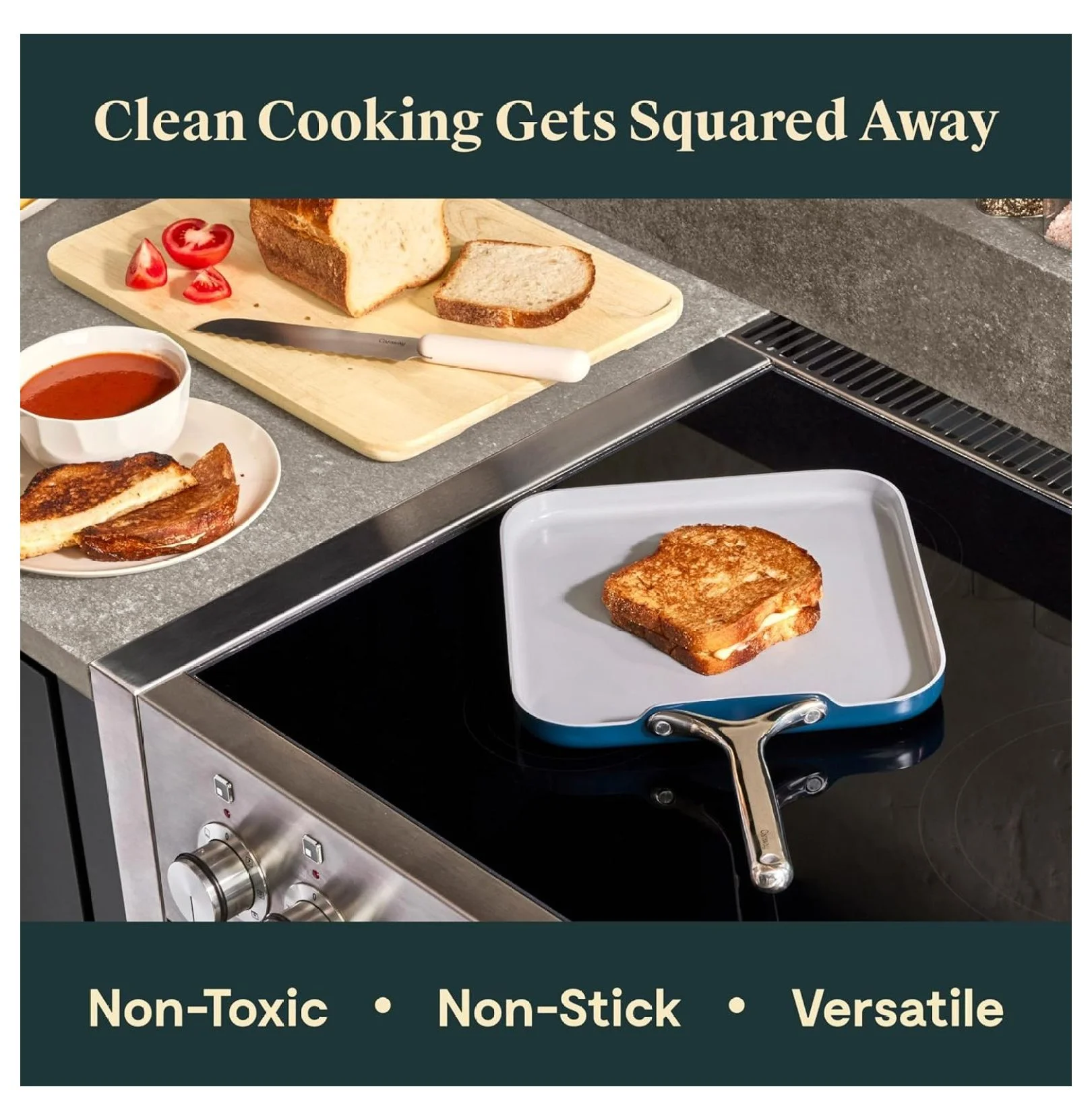 HeSLehs Square Griddle Pan - 11” Square Pan - Non-Stick Ceramic Coated - Non Toxic, PTFE & PFOA - Oven Safe & Compatible with All Stovetops - Navy