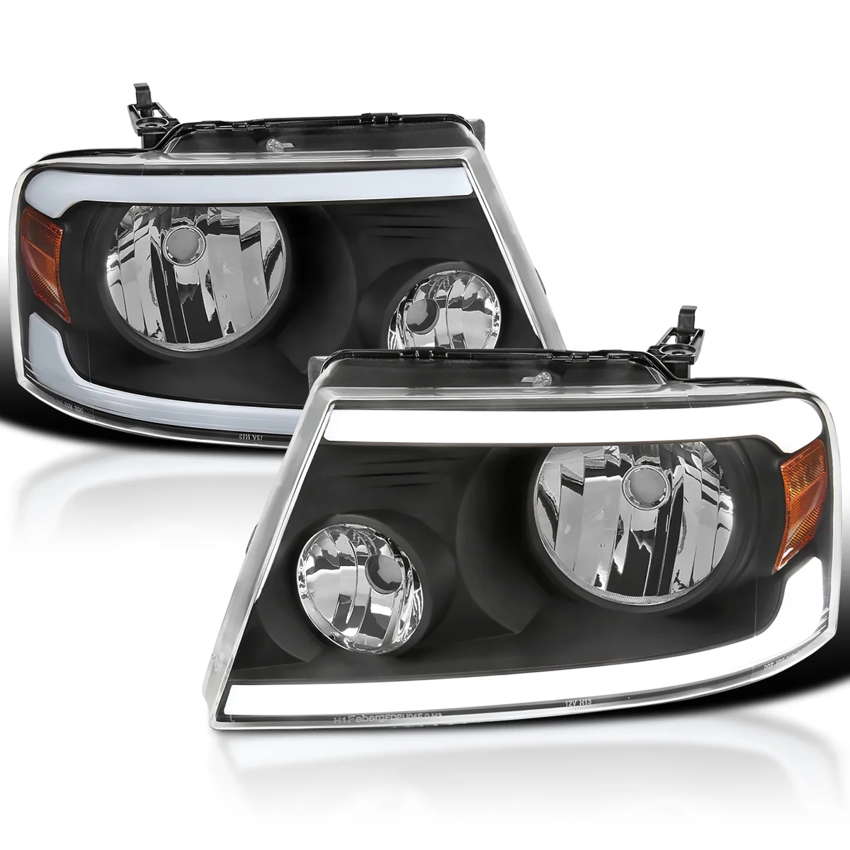 Spec-D Tuning Matte Black LED Strip Headlights Lamps Compatible with Ford F150 2004-2008, 06-08 Lincoln Mark LT L+R Pair Head Light Lamp Assembly