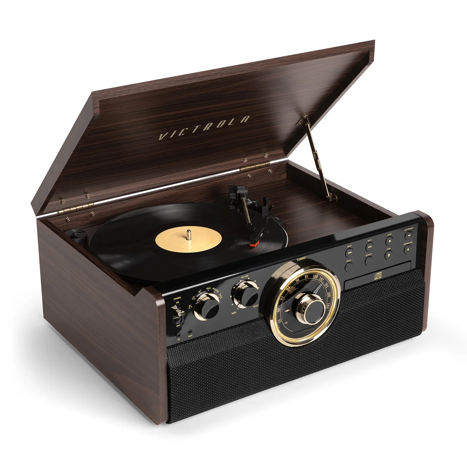 Victrola 6-in-1 Wood Empire Mid Century Modern Bluetooth Record Player with 3-Speed Turntable, CD, Cassette Player and Radio - Espresso