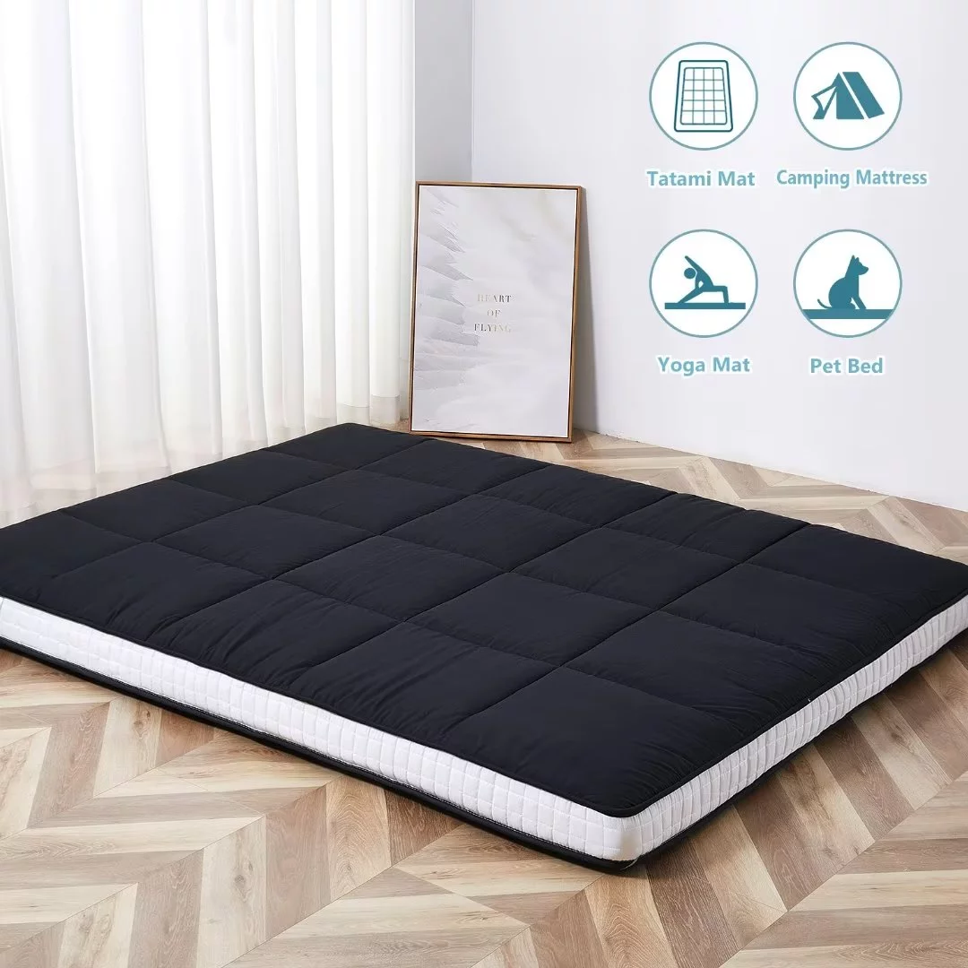 NAIZEA Japanese Floor Mattress, Extra Thick Memory Foam Futon Mattress, Foldable Roll Up Sleeping Pad with Bandage and Storage Bag, Full, Black