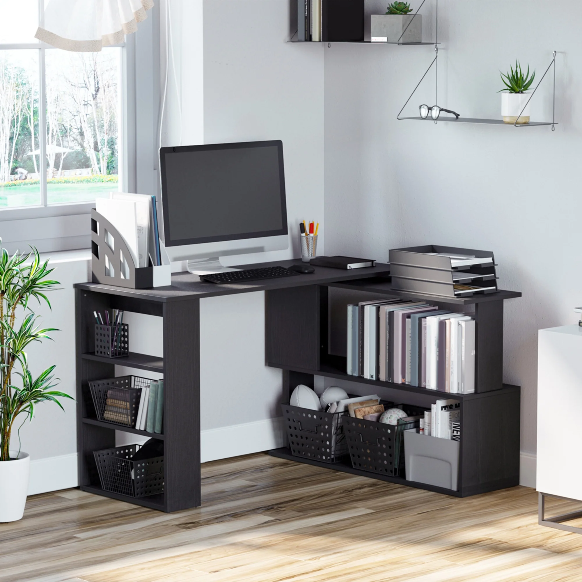 HOMCOM L Shaped Desk, Corner Computer Desk, 360 Degree Rotating Home Office Desk with Storage Shelves, Writing Table Workstation, Black