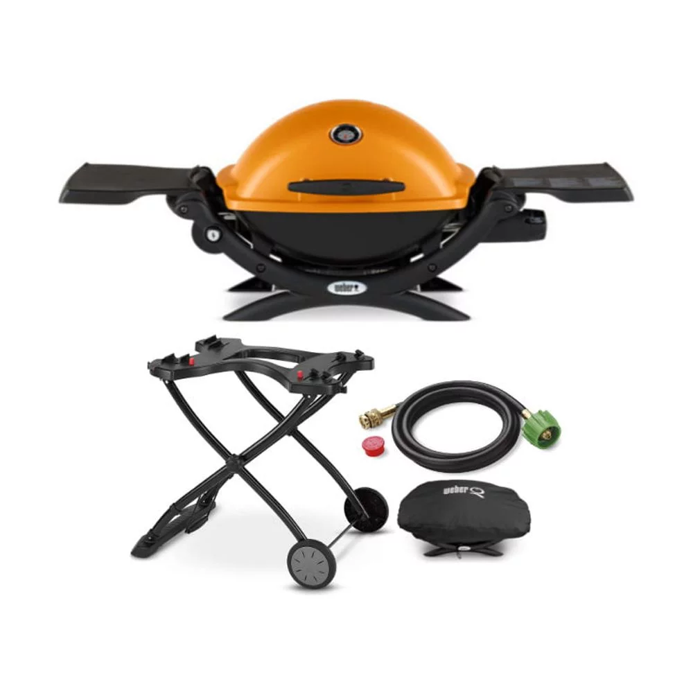 Weber Q1200 Liquid Propane Grill (Orange) with Portable Cart, Adapter Hose and Grill Cover