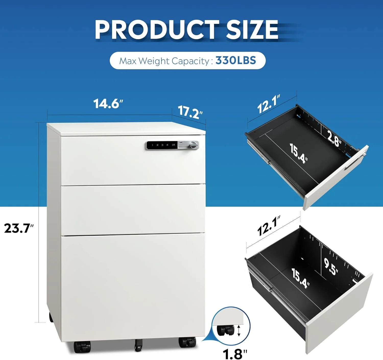 3-Drawer Mobile File Cabinet with Smart Lock, Pre-Assembled Steel Pedestal Under Desk, White