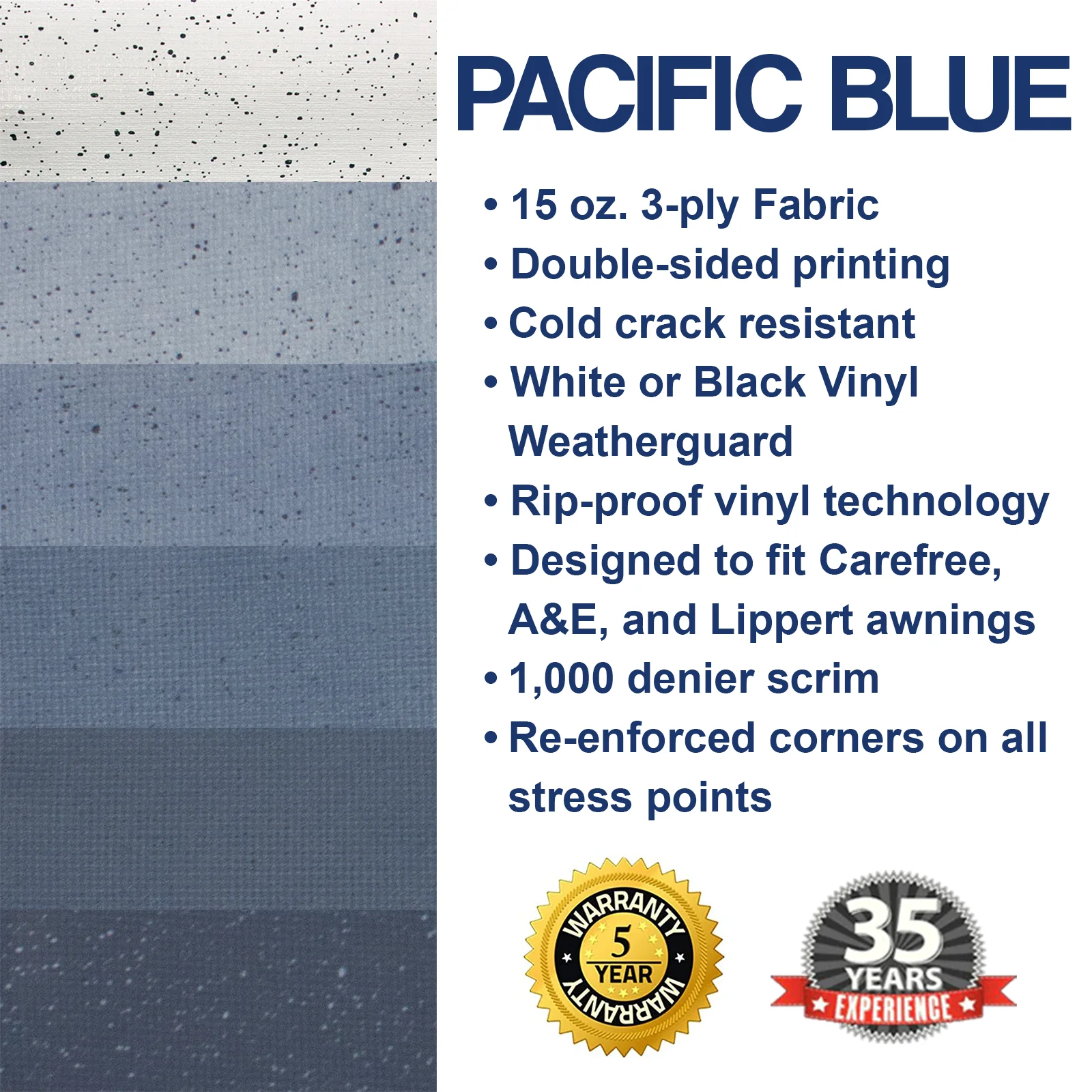 ShadePro RV Awning Fabric Replacement Heavy Duty Vinyl 15' Pacific Blue (Fabric 14'2