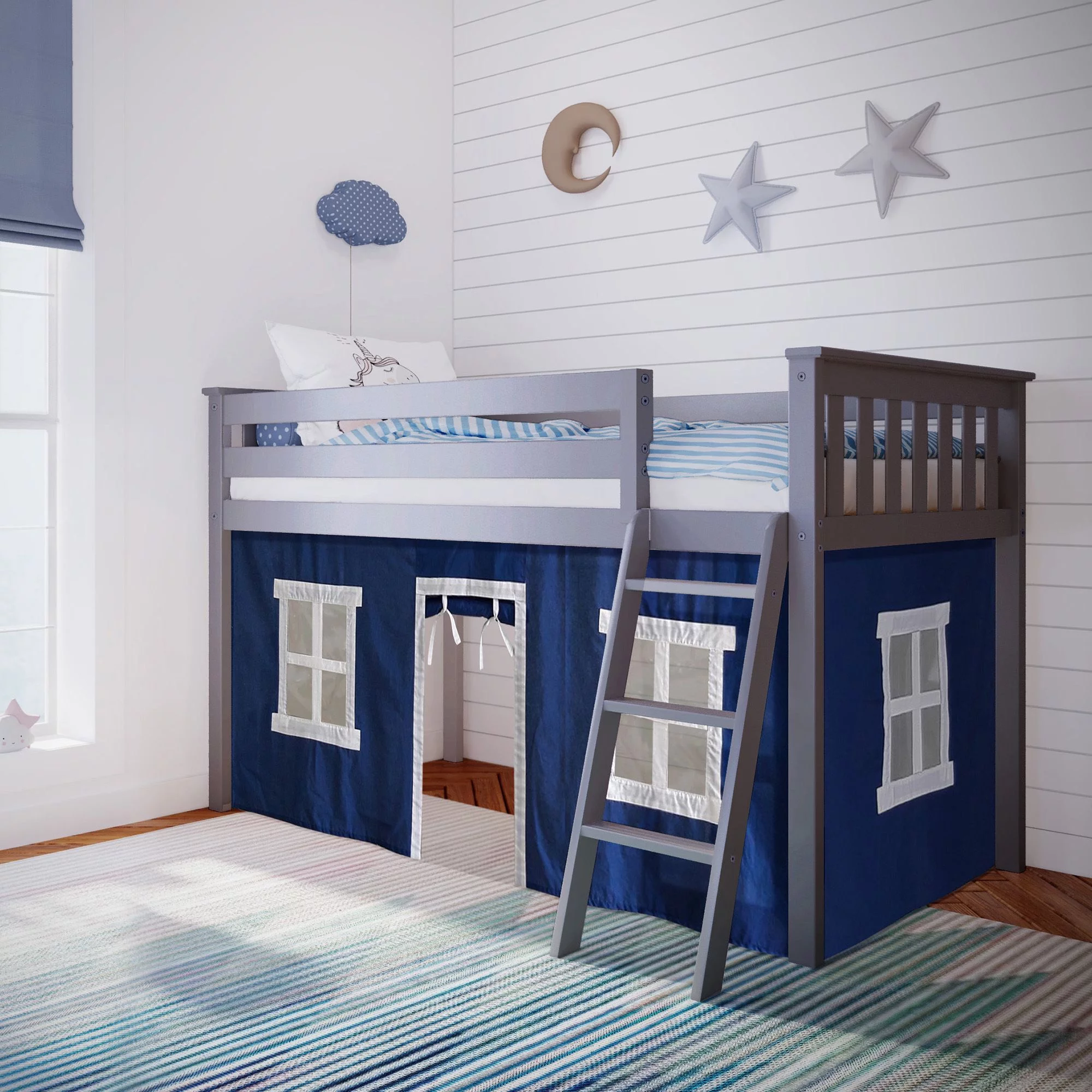 Max & Lily Loft Bed, Low Wood Twin Loft Bunk Beds for Kids with Ladder and Blue Curtain, Grey