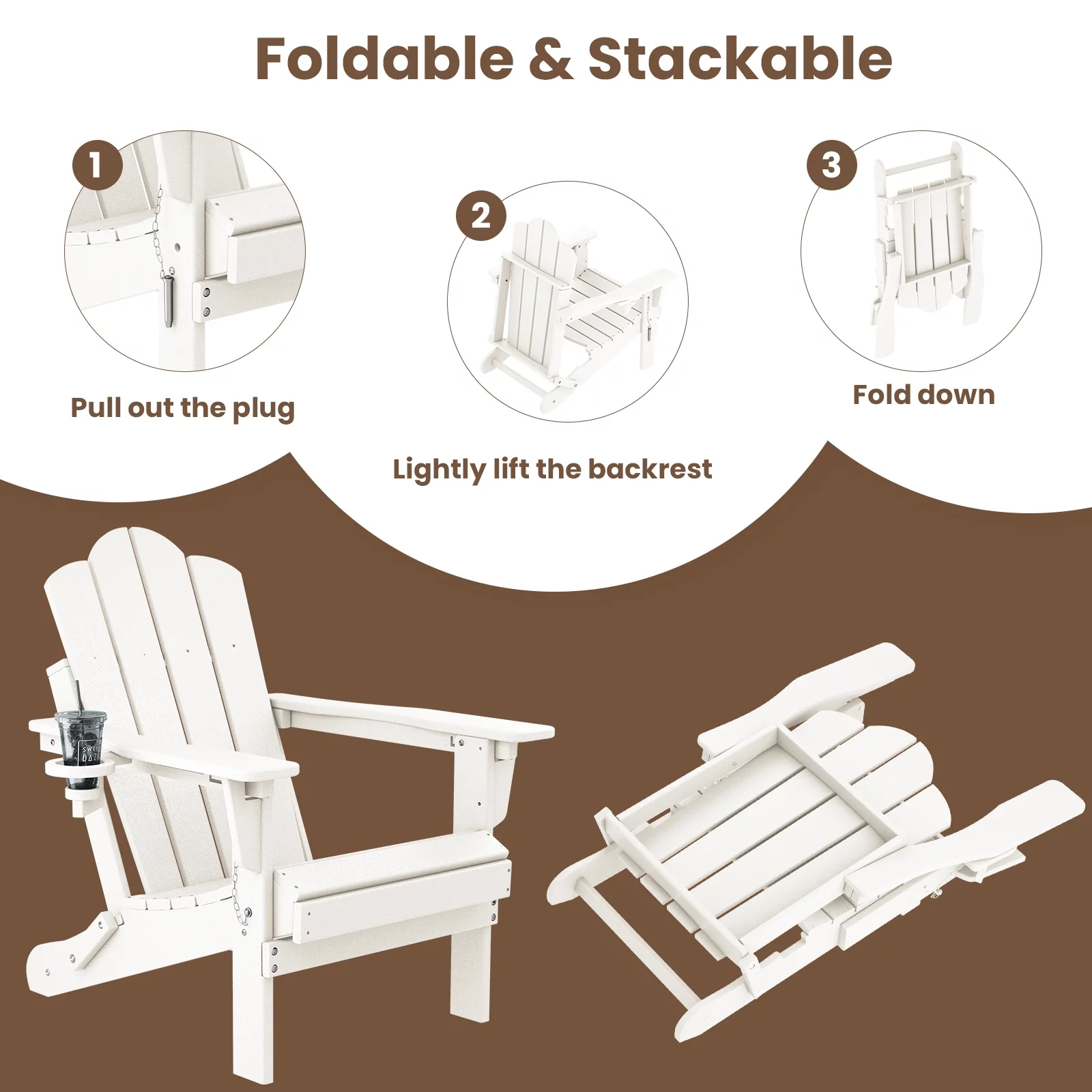 JEAREY Folding Adirondack Chair with Cup Holder, Adjustable Backrest Outdoor Plastic Patio Chair,White