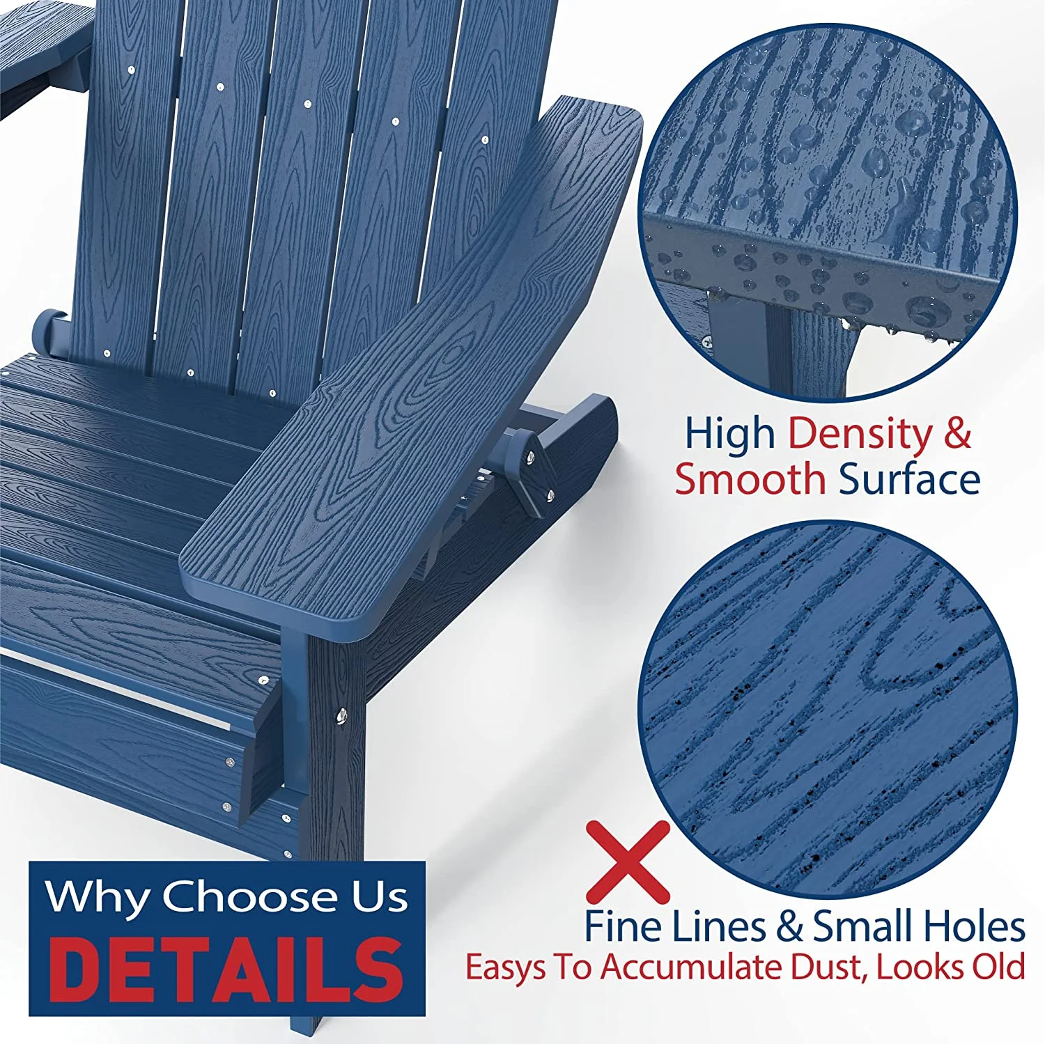 WINSOON All Weather HIPS Folding Adirondack Chair Outdoor Patio Chairs Set of 2, Navy Blue Finish
