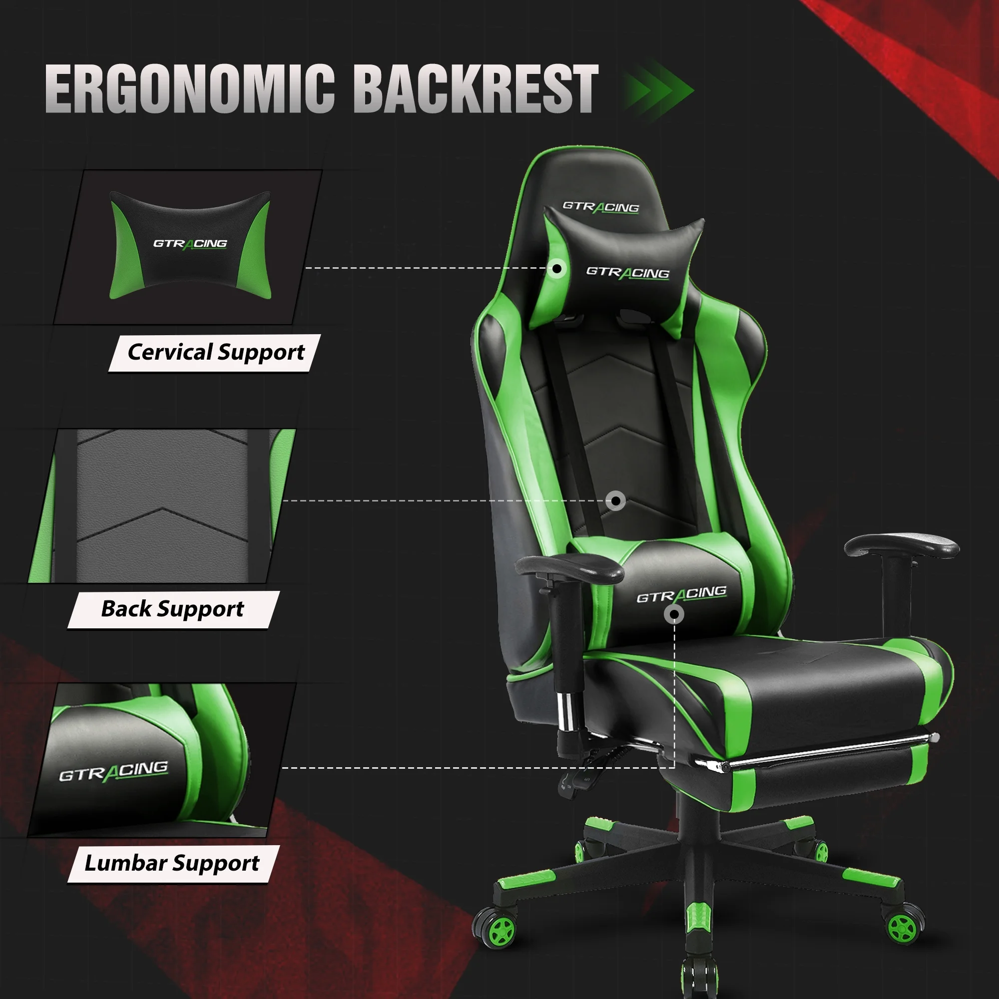 GTRACING Gaming Chair Office Chair PU Leather with Adjustable Headrest and Lumbar Pillow, Green