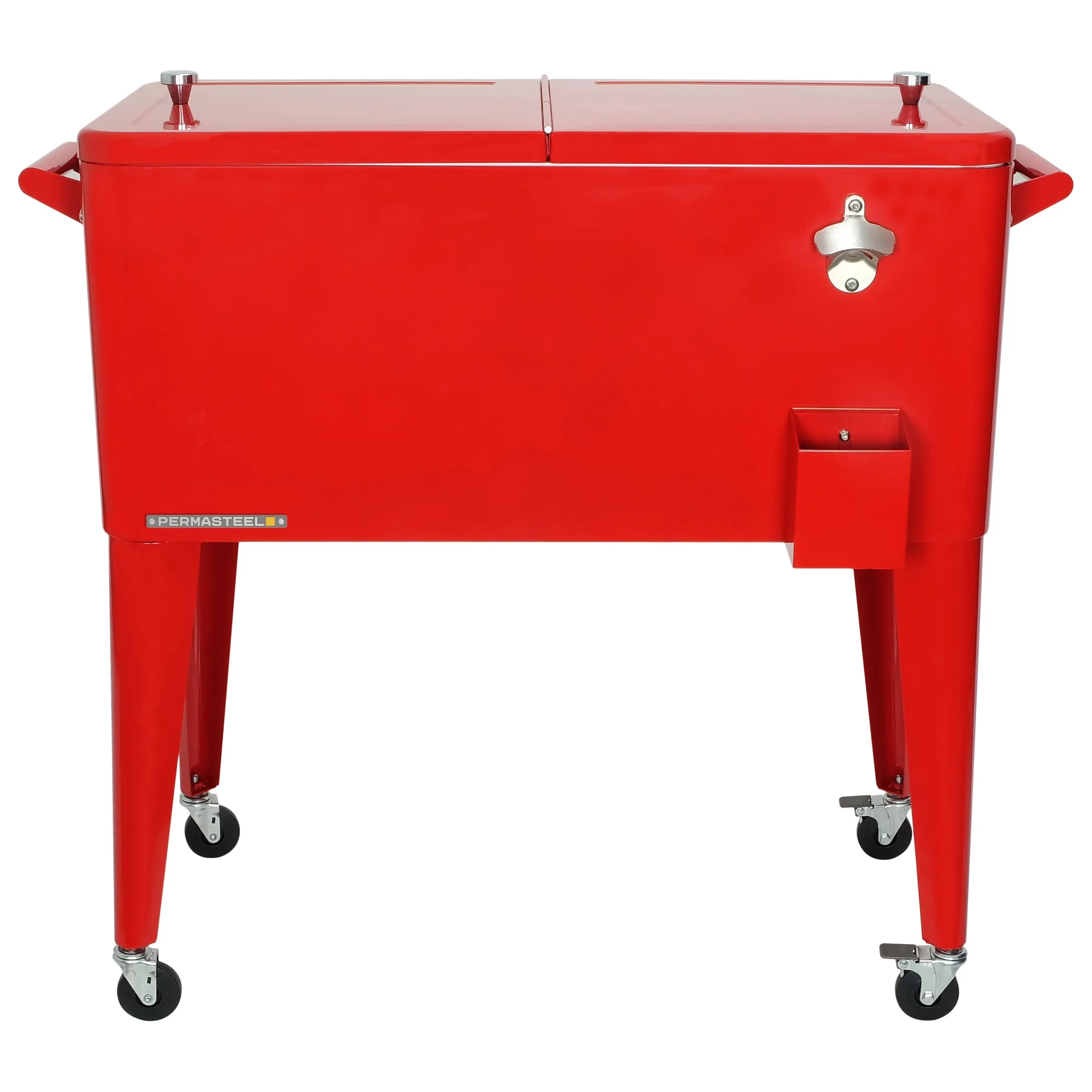 Permasteel 80-Qt Classic Outdoor Steel Patio Cooler on Wheels, Beverage Rolling Cart, Red