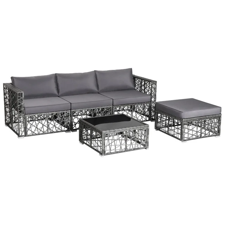 GVN 5 Pieces Patio PE Rattan Wicker Sofa Furniture Set-Gray, Outdoor Sofa Sectional , Coffee Table for Patio Back Deck, Balcany, Poolside