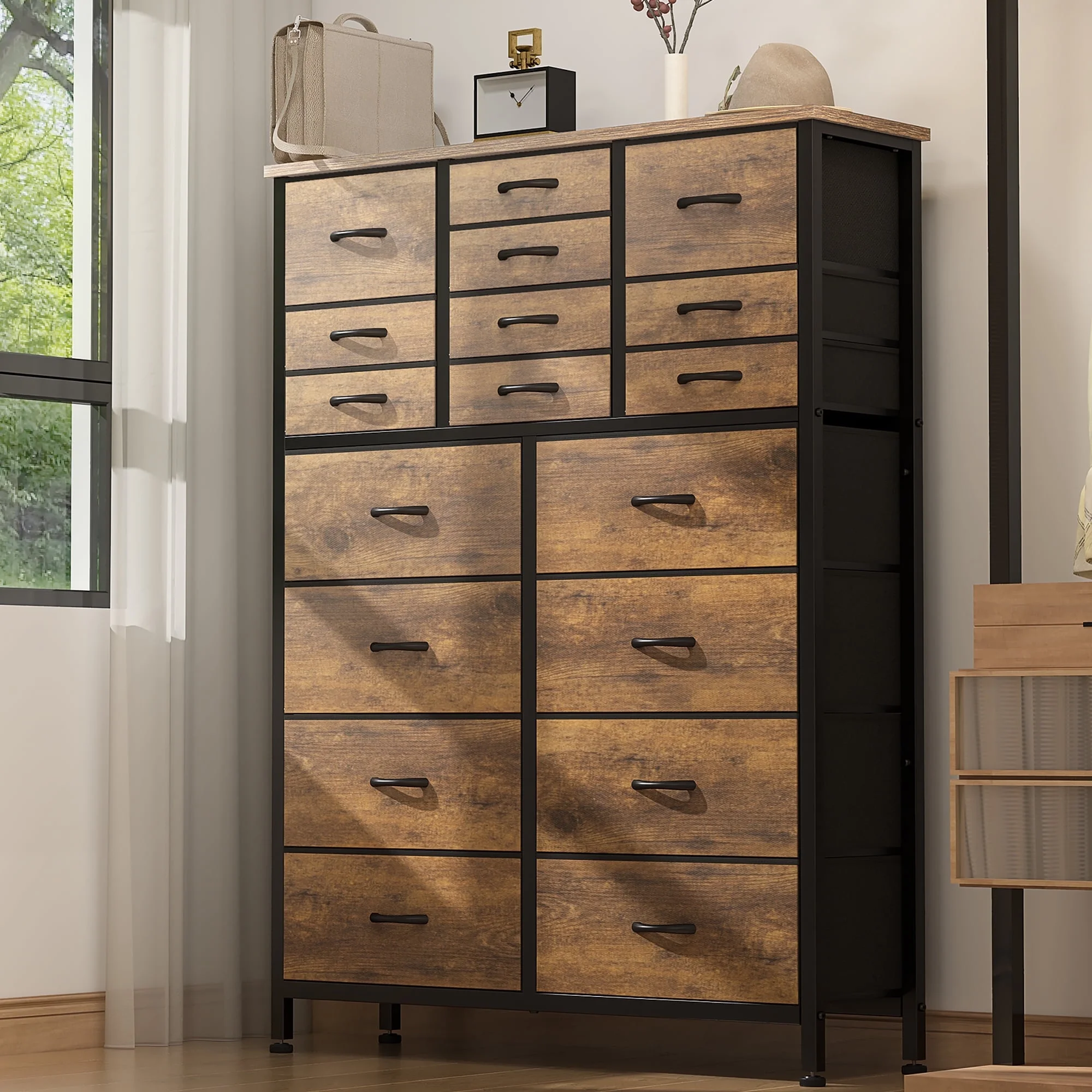 GIKPAL Dressers for Bedroom, Chest of Drawers Dresser with 18 Drawers Fabric Tall Dresser, Steel Frame Wooden Top, Rustic Brown