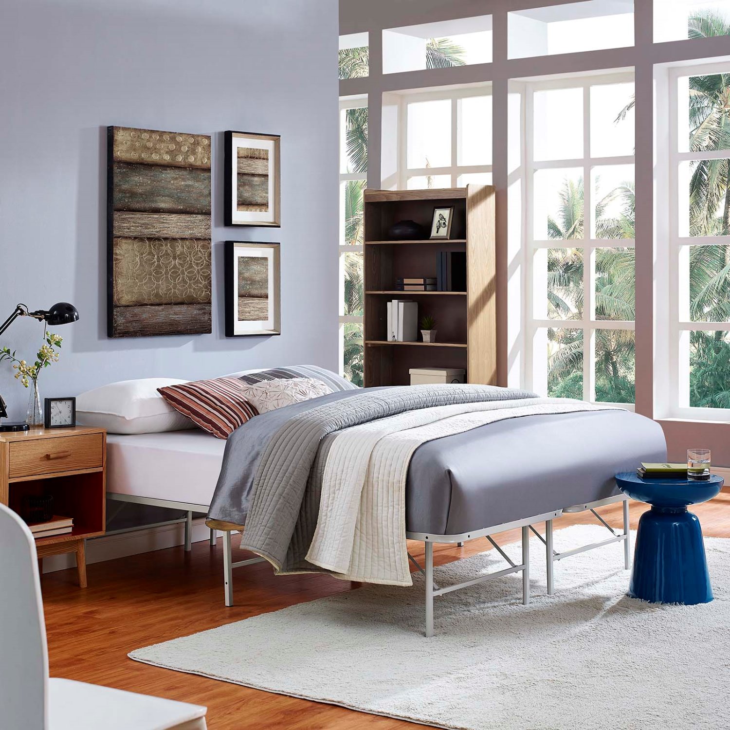 Platform Bed Frame, Queen Size, Grey Gray, Stainless Metal, Bedroom, Modern Contemporary HB35039