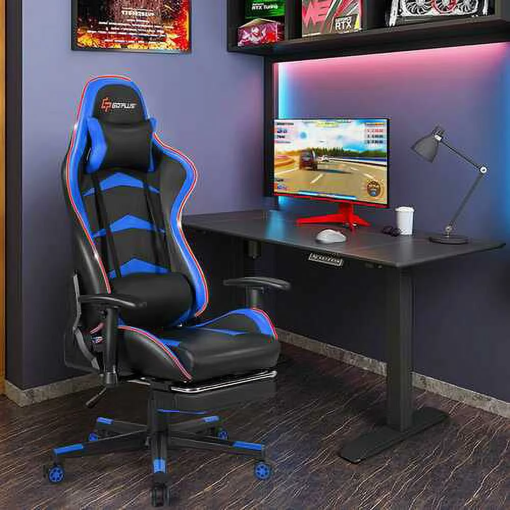 Massage LED Gaming Chair with Lumbar Support & Footrest-Blue - Color: Blue - Size: 28.5
