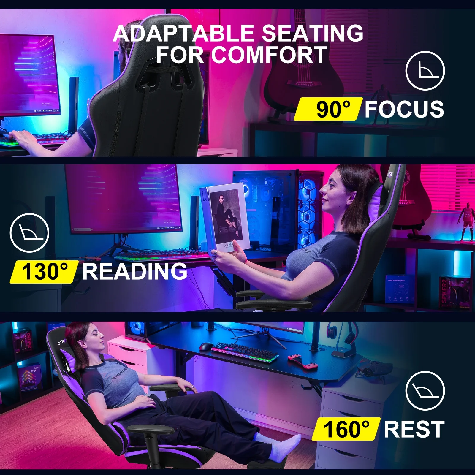 GTRACING Gaming Chair with Footrest Ergonomic Reclining Office Chair Swivel Rocker, Purple