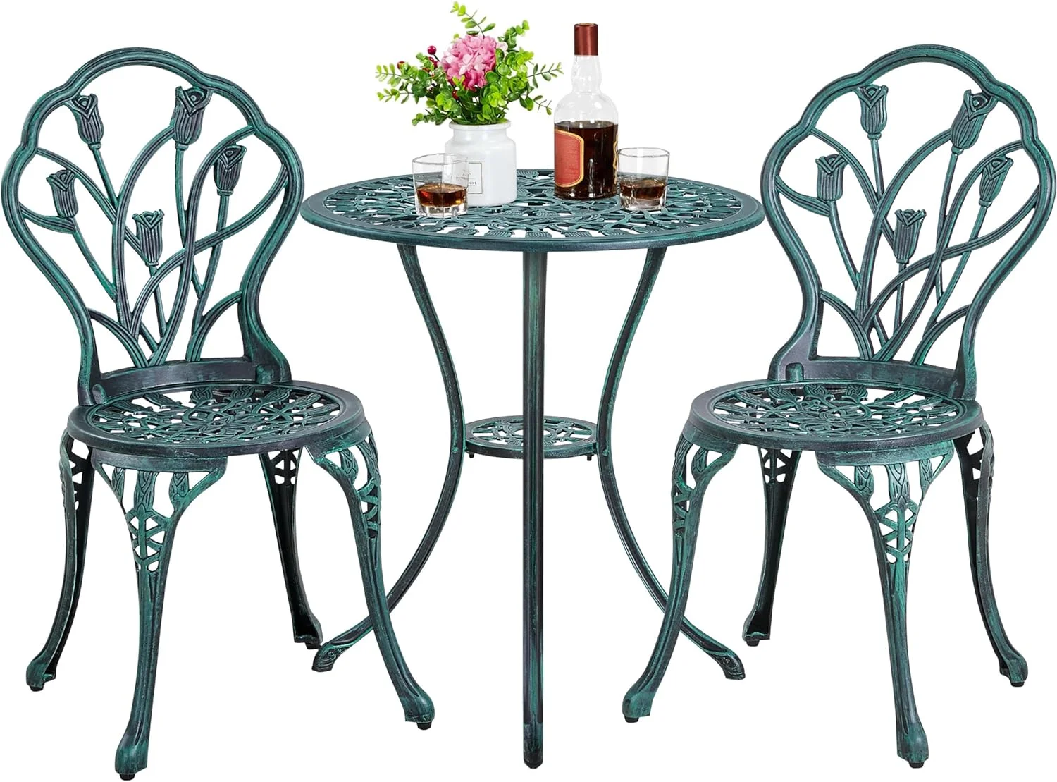 Green Patio Bistro Sets: 3 Piece Cast Aluminum Bistro Table and Chairs Set with Umbrella Hole for Patio, Backyard, Balcony