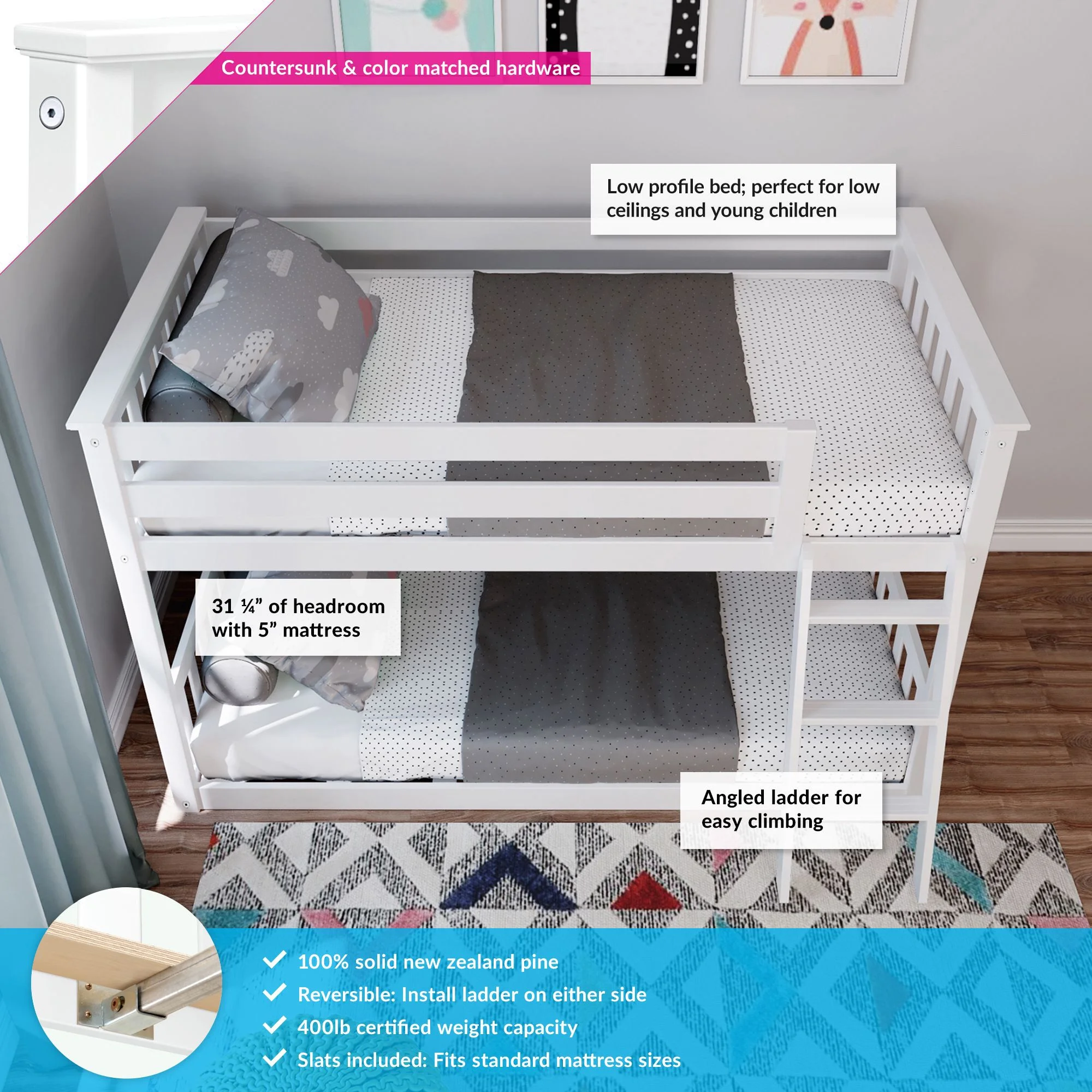 Max & Lily Twin over Twin Bunk Bed for Kids, Solid Wood Low Bunk Beds with Ladder, White