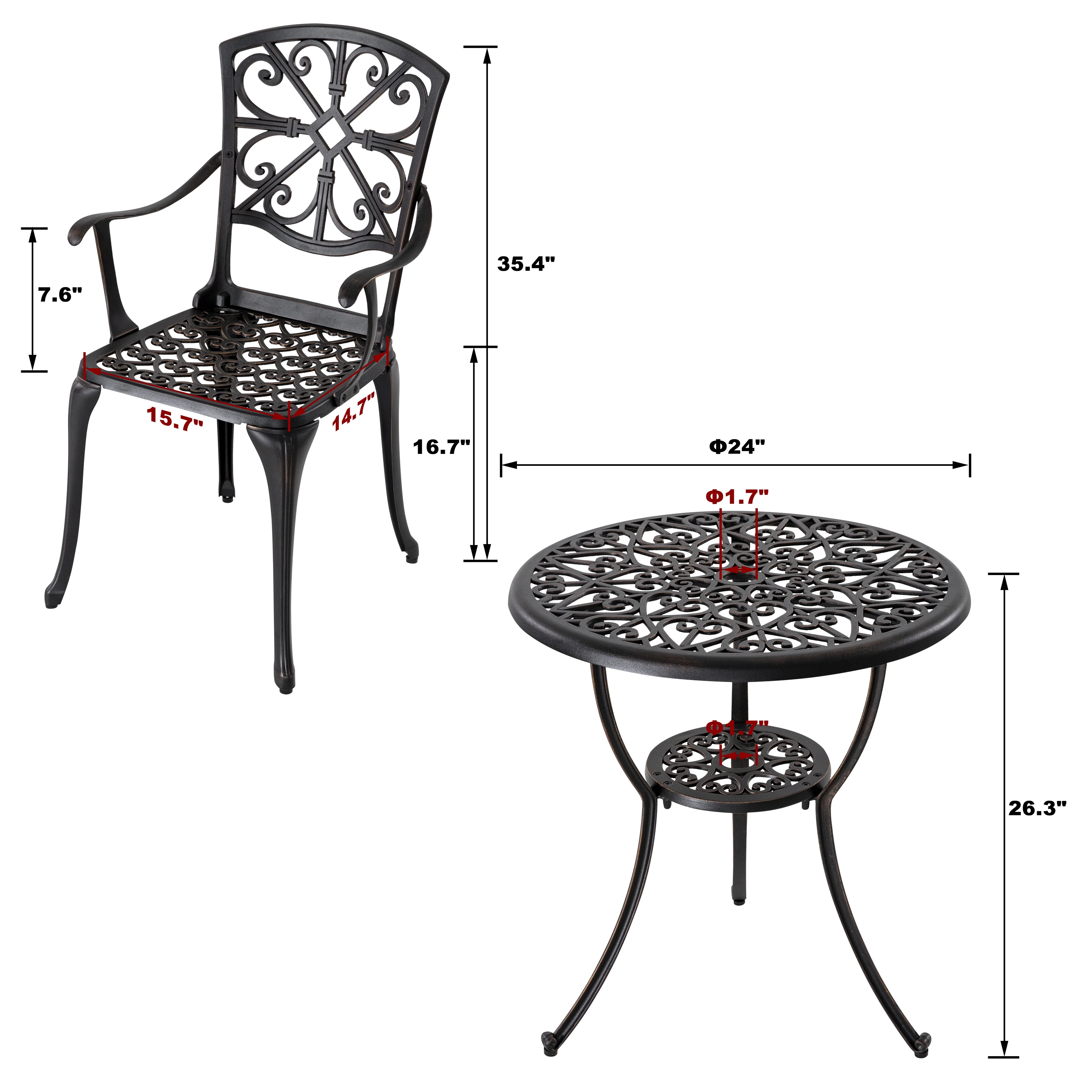 Nuu Garden 3 Piece Cast Aluminum Bistro Set Outdoor Patio Table Sets with Umbrella Hole for Yard,Balcony-Antique Bronze
