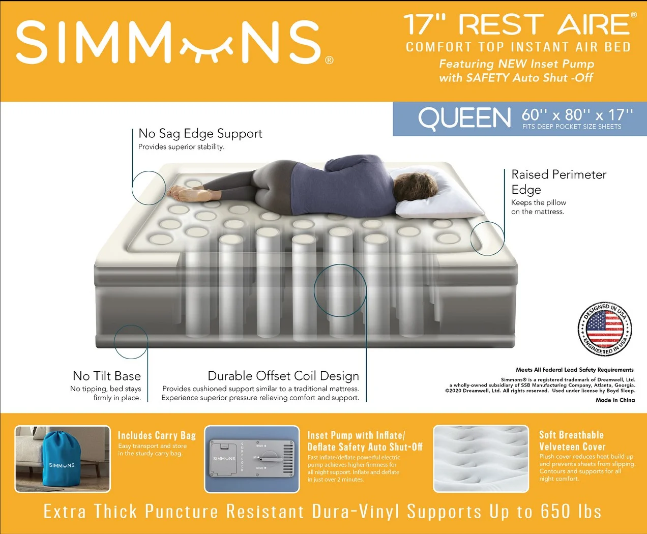 Simmons Rest Aire 17 in. Queen Size Air Mattress, Inflatable Bed with Built-In Pump for Camping, Guests, Travel, Safety Auto Shutoff