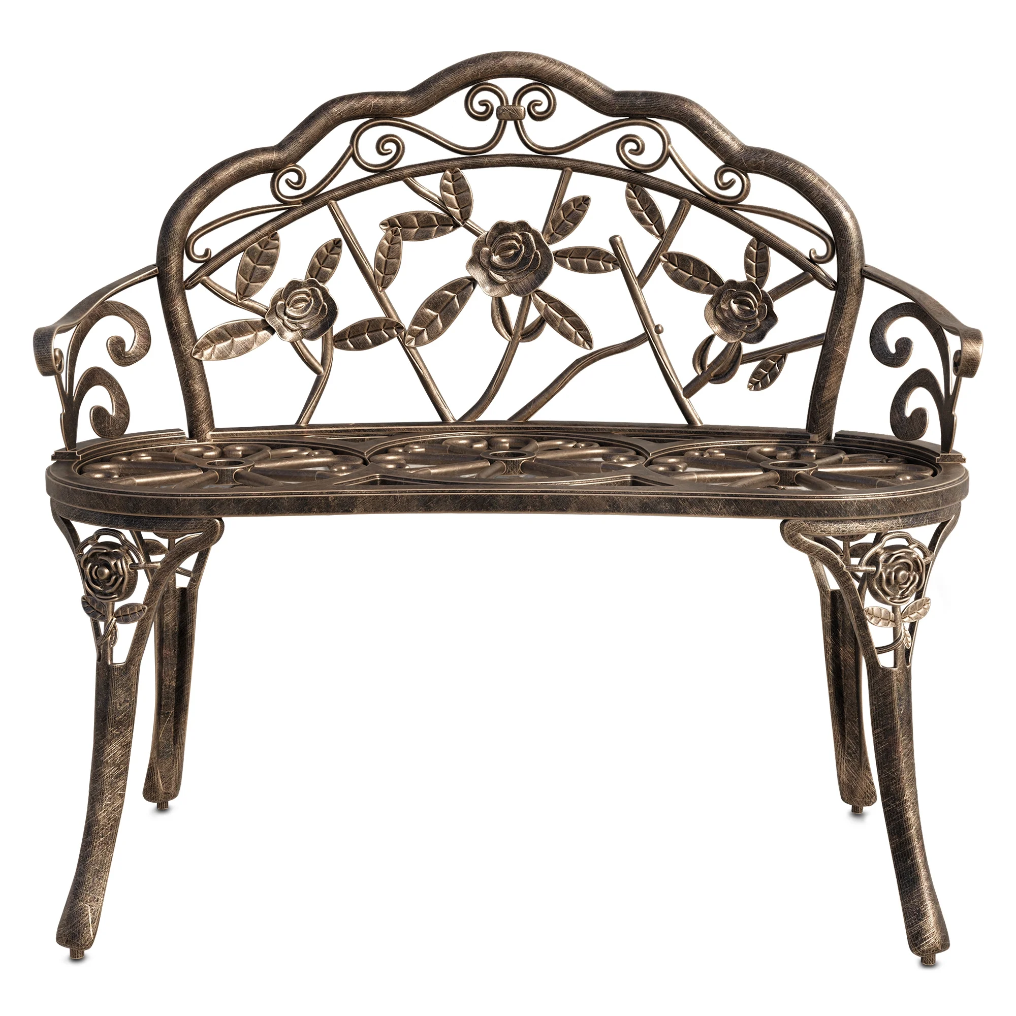 BELLEZE Antique Designed Rose Style Outdoor Patio Park Garden Bench Bronze Love Seat Cast Aluminum Backyard Porch Home Pool