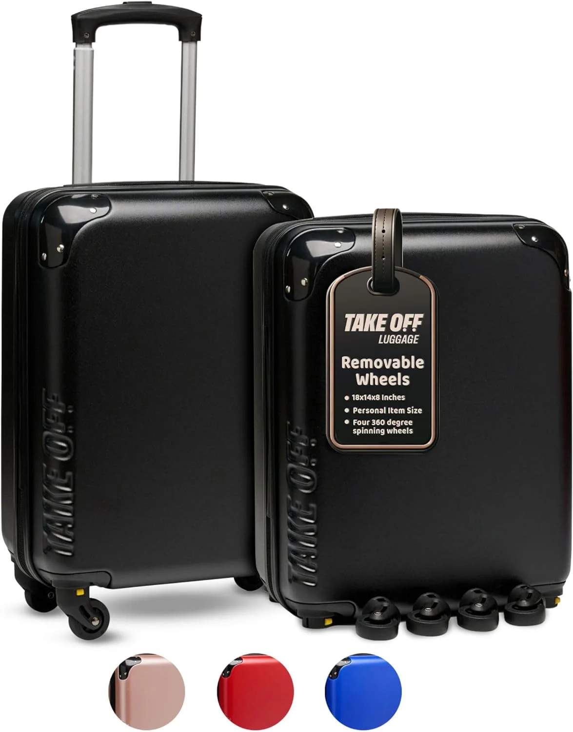 TAKE OFF Luggage Personal Item Travel Bag 18x14x8 Inches Suitcase with Detachable Luggage Wheels, Black