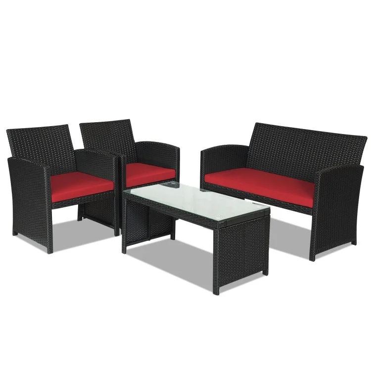 Topcobe 4 Pieces Wicker Patio Furniture Set with Cushions, Wicker Outdoor Sectional with Weather Resistant Cushions and Tempered Glass Tabletop, Red