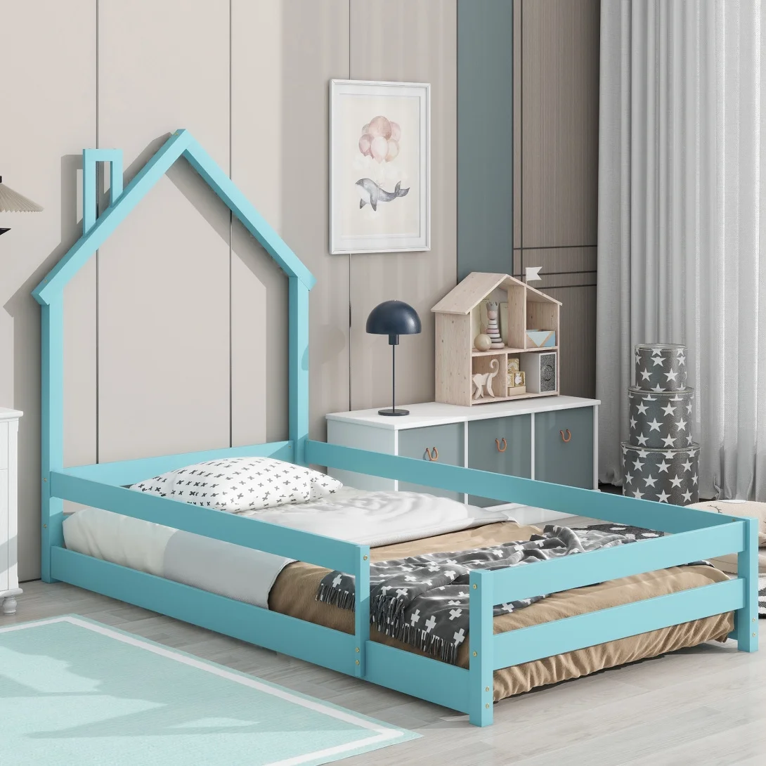 House Bed for Children, Twin Size House Bed with Fence and Headboard, Wood Montessori Floor Bed for Girls, Boys & Teens, Light Blue
