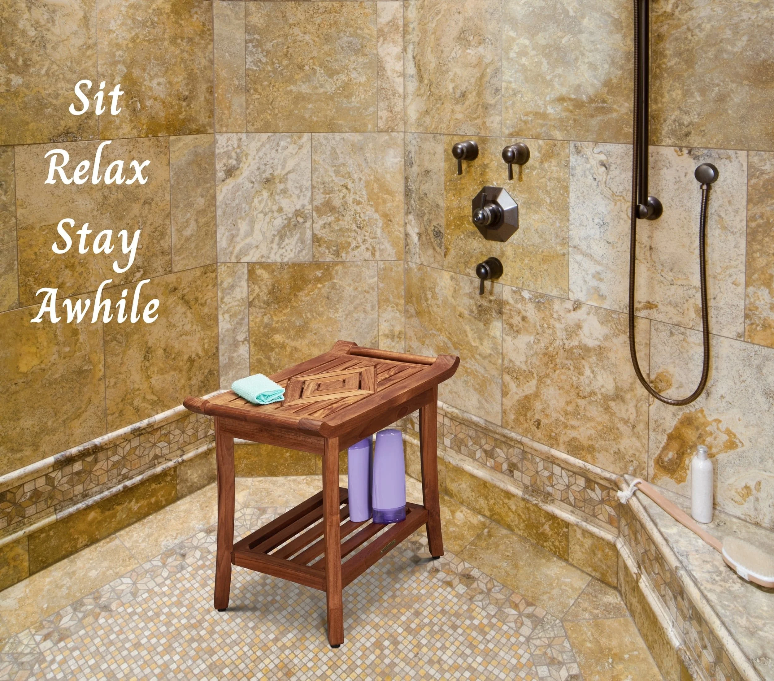Luxury Teak Shower Bench Stool Seat with Leveling Feet, Waterproof, Teak Oil Finish, 25x19x14 for Bathroom, Spa, Sauna, Pool Deck, Patio, Garden, RV