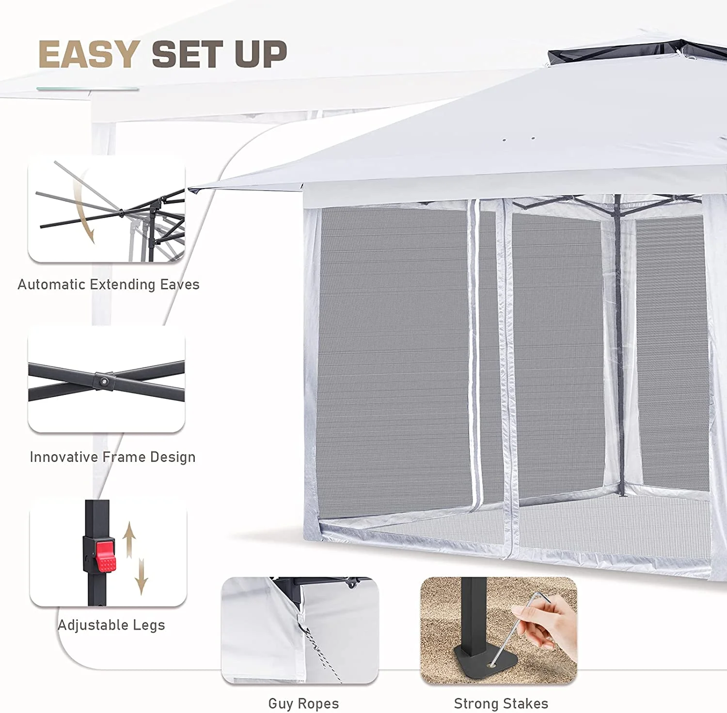 EAGLE PEAK 13 x 13 ft Pop-Up Gazebo Tent Instant w/ Mosquito Netting,Outdoor Gazebo Canopy Easy Set-up Folding Shelter (White)
