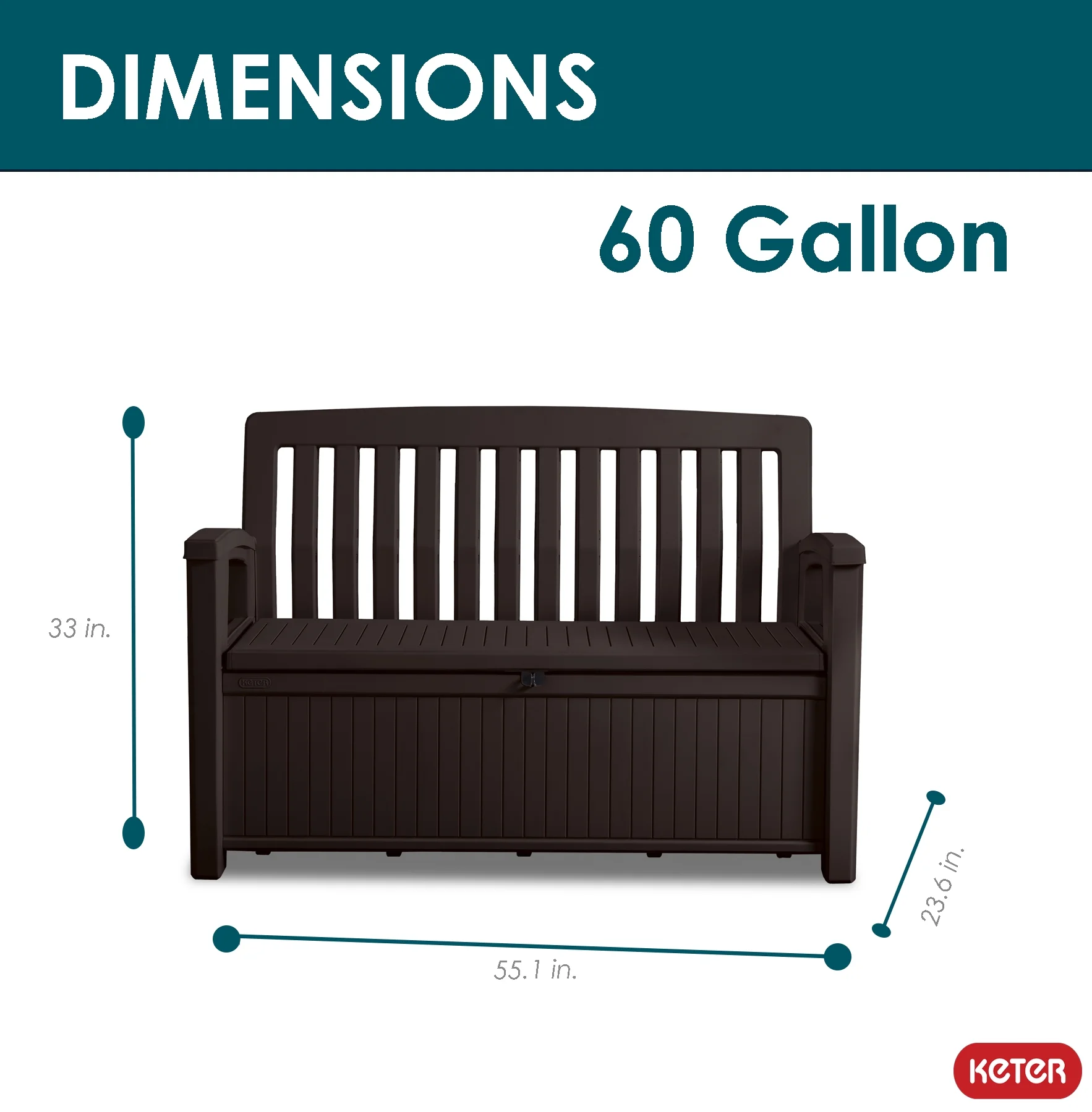 Keter 60 Gallon Bench Made With Durable Weatherproof Resin And Deck Box Organization Storage Compartment for Outdoor Patio and Lawn - Brown