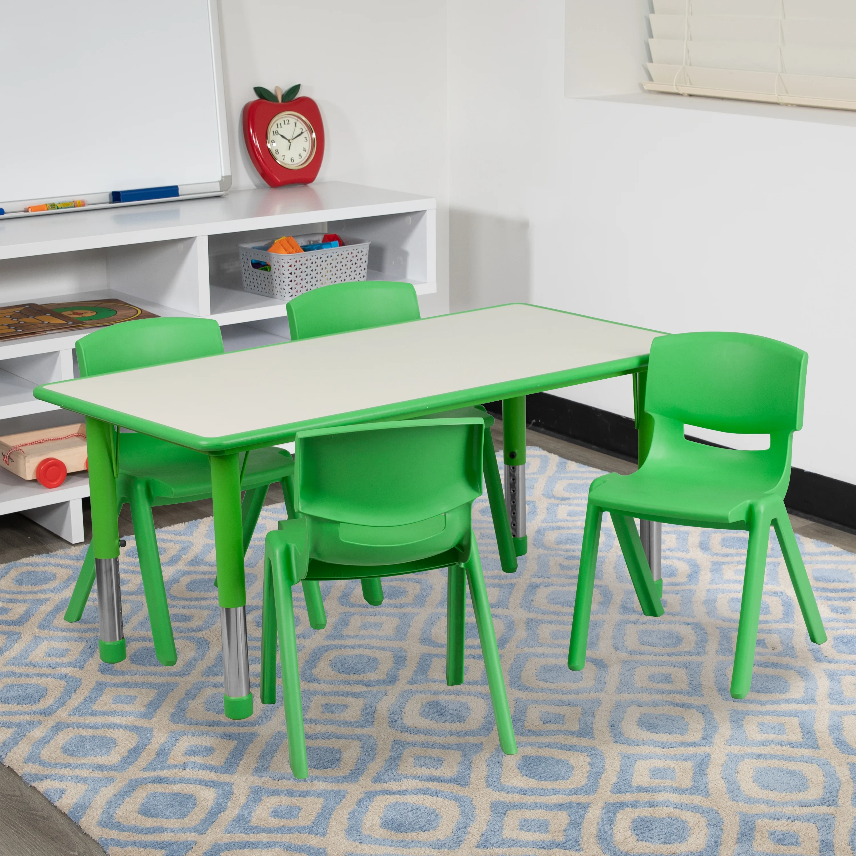 Flash Furniture 23.625''W x 47.25''L Rectangular Green Plastic Height Adjustable Activity Table Set with 4 Chairs
