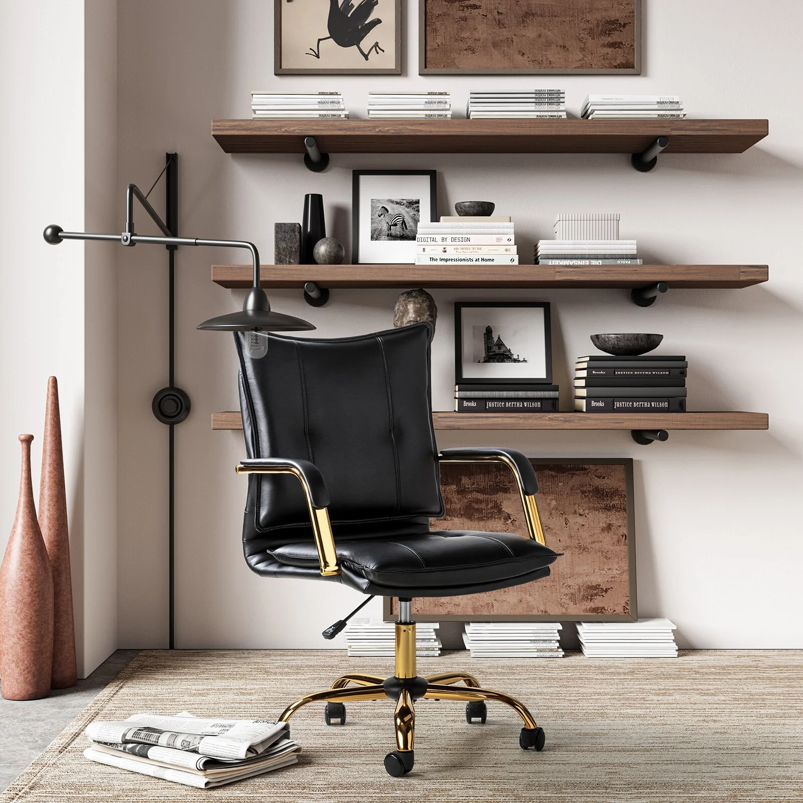 HULALA HOME Zarina Modern Faux Leather Swivel Office Desk Chair with Height-adjustable by BLACK