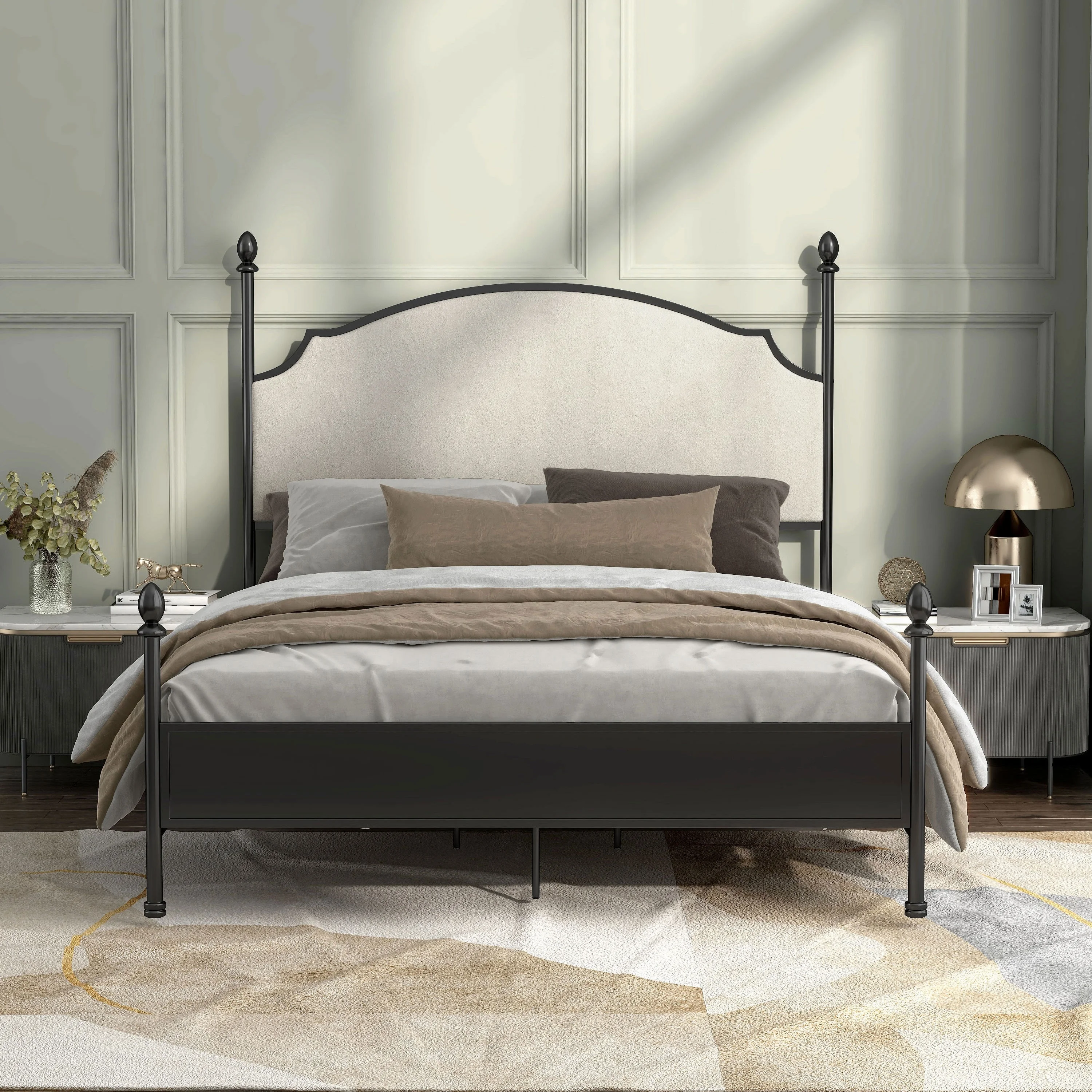 The Gray Barn Epona Modern Curved Metal Four Poster Bed Four Poster Bed Beige Boucle Modern & Contemporary, Mid-Century Modern