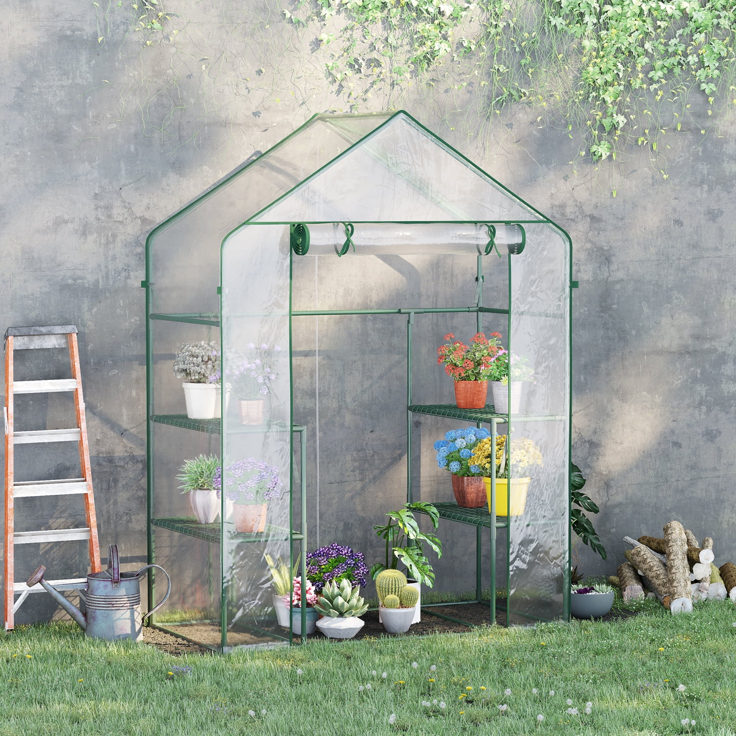 HNGMAO Clear Weatherized Outsunny Portable Mini Walk-in Greenhouse Kit with 3 Tier Shleves Roll-Up Door for Backyard Garden - 5‘ x 2.5‘ x 6.5‘ Dimensions